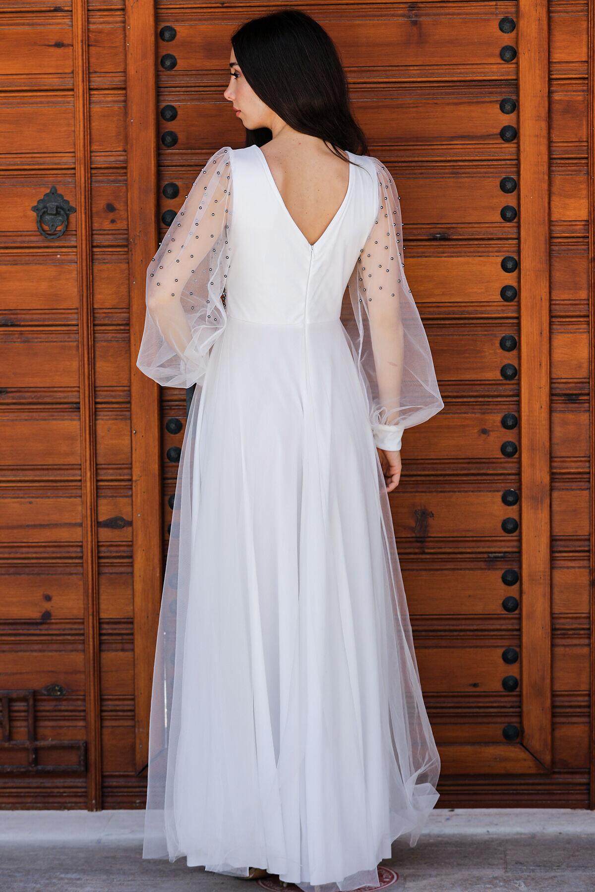 Off - White Long Tulle Evening Dress