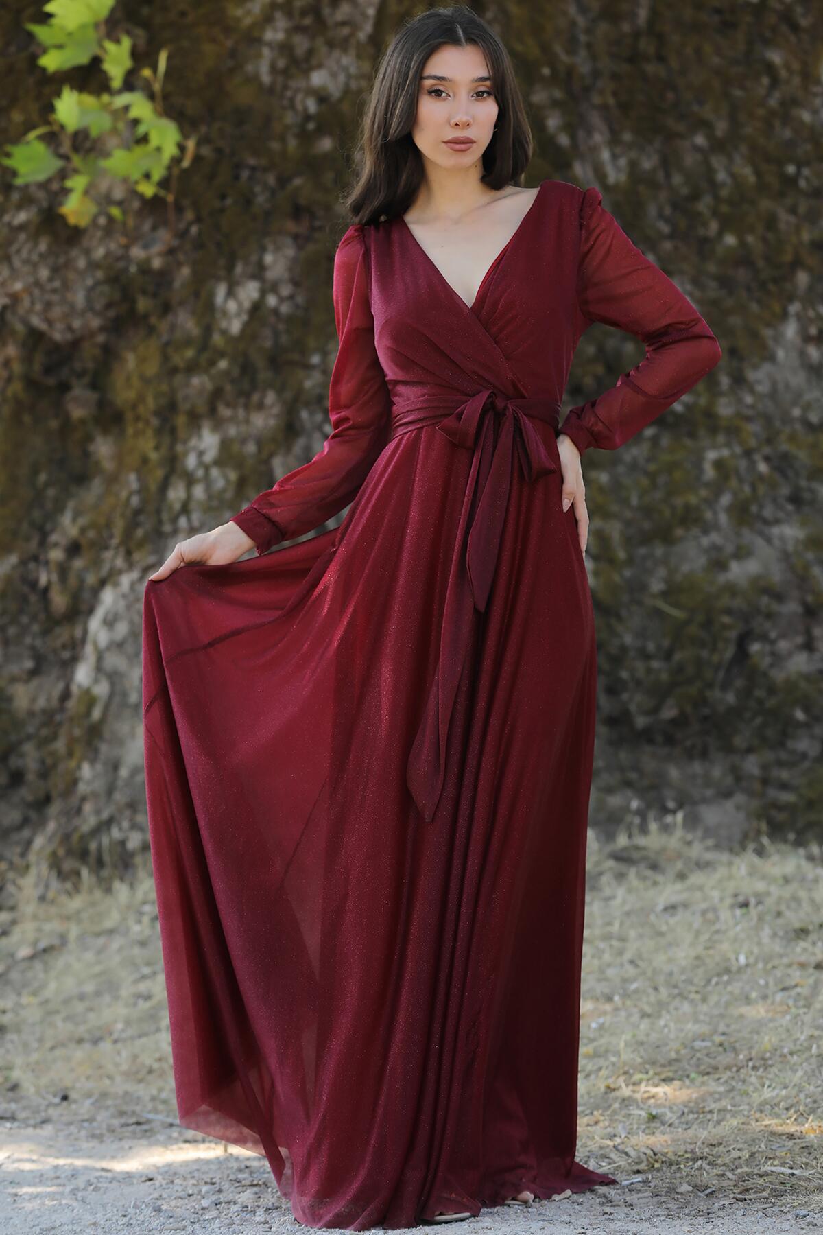 Burgundy Wrap - Neck Shimmering Evening Dress