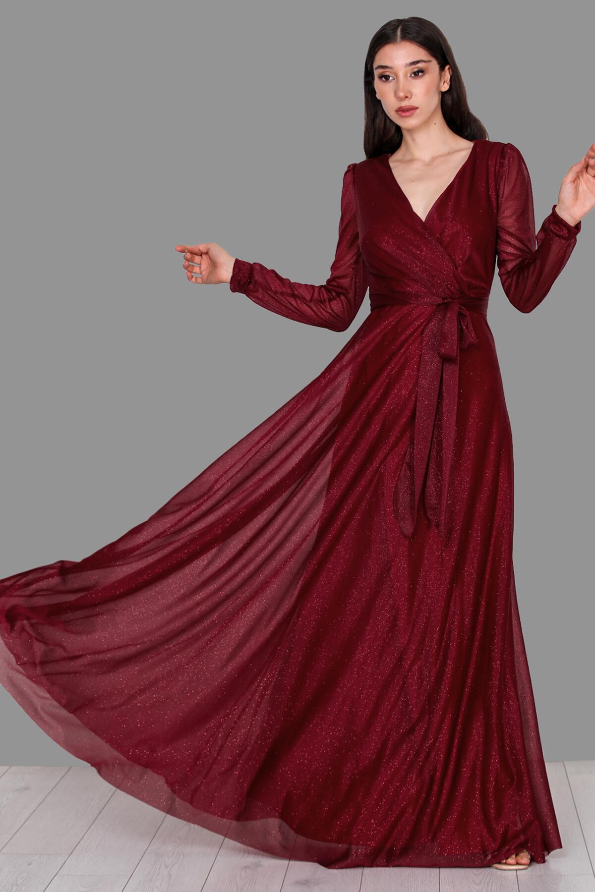 Burgundy Wrap - Neck Shimmering Evening Dress