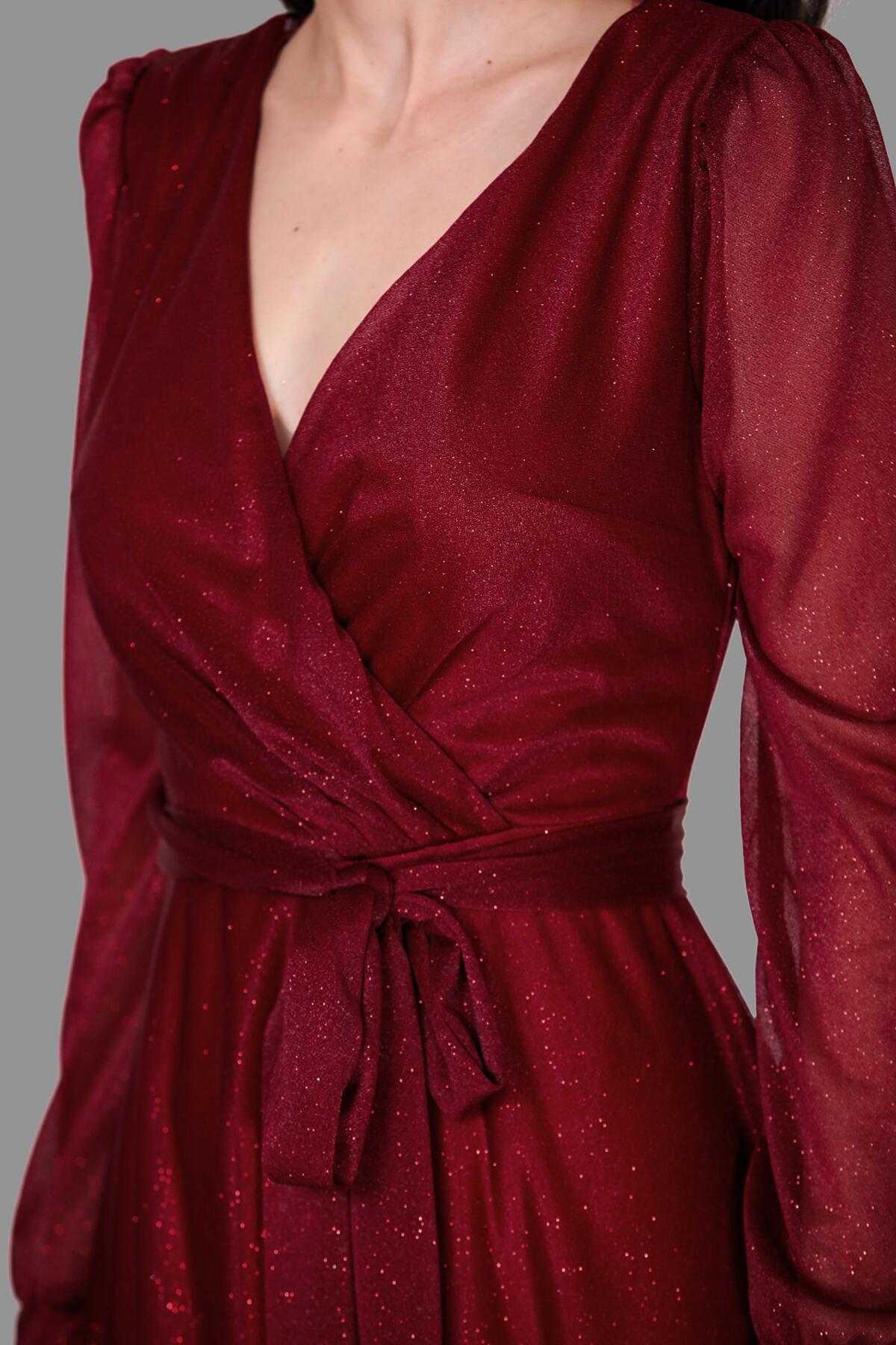 Burgundy Wrap - Neck Shimmering Evening Dress