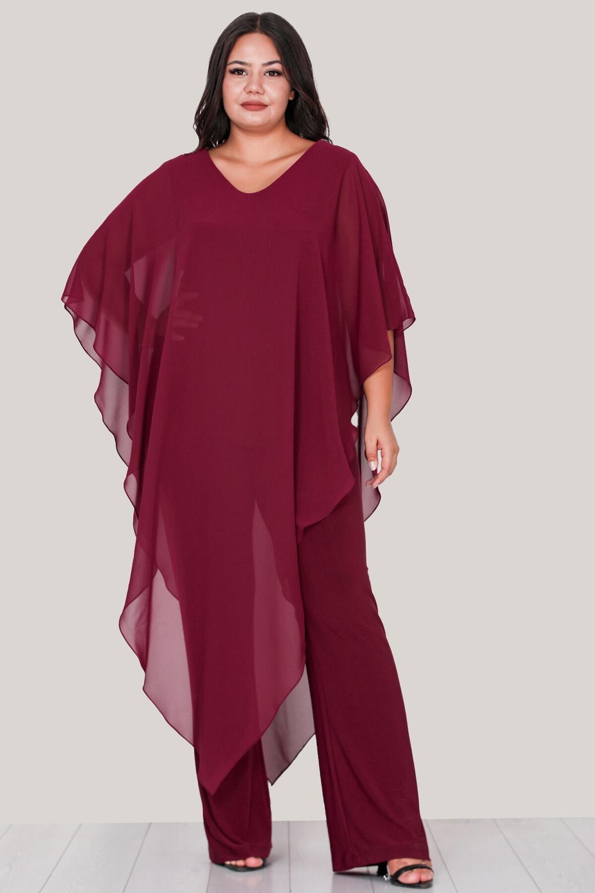 Plus - Size Chiffon Evening Jumpsuit — Burgundy