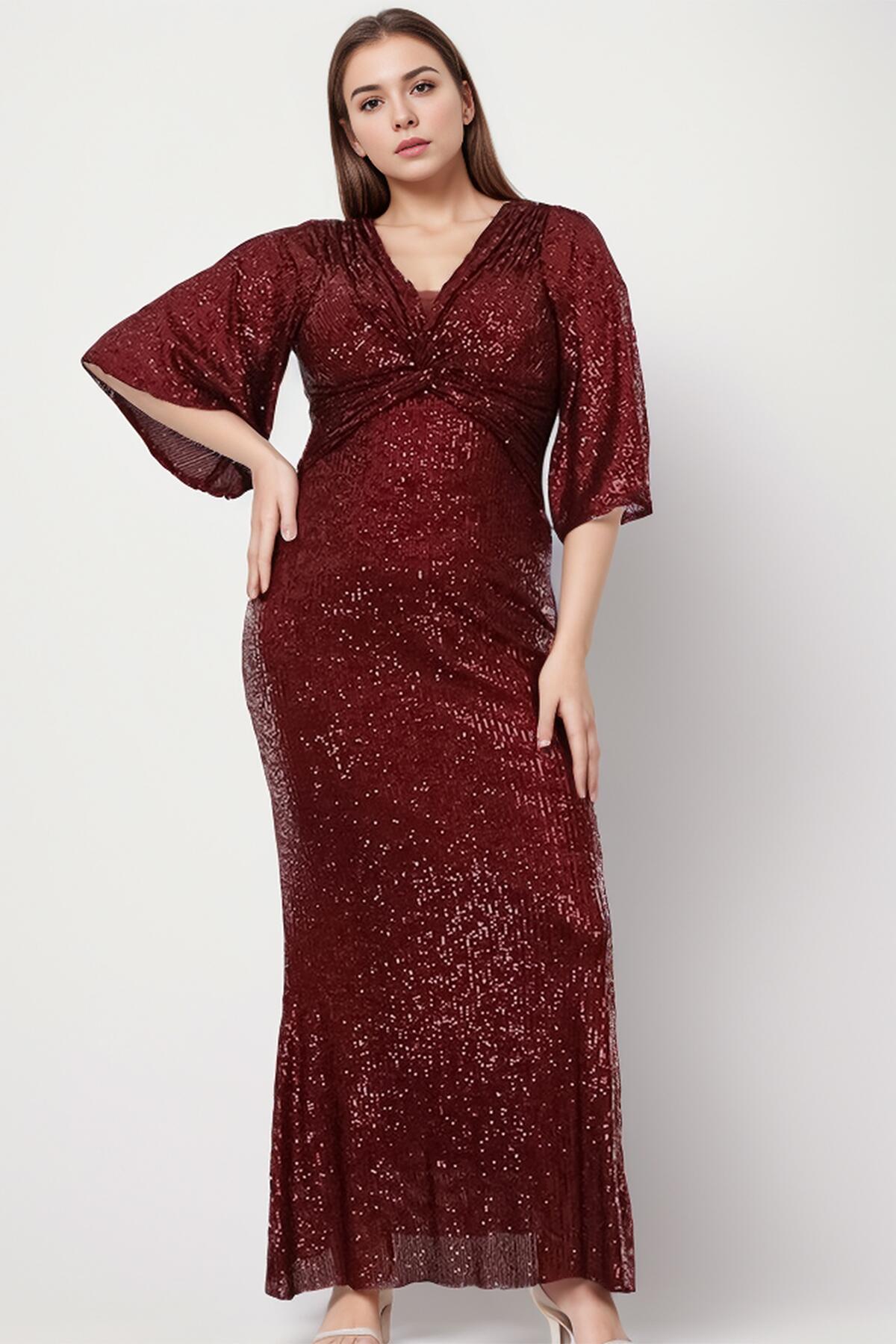 Plus‑Size Sequin Gown — Burgundy