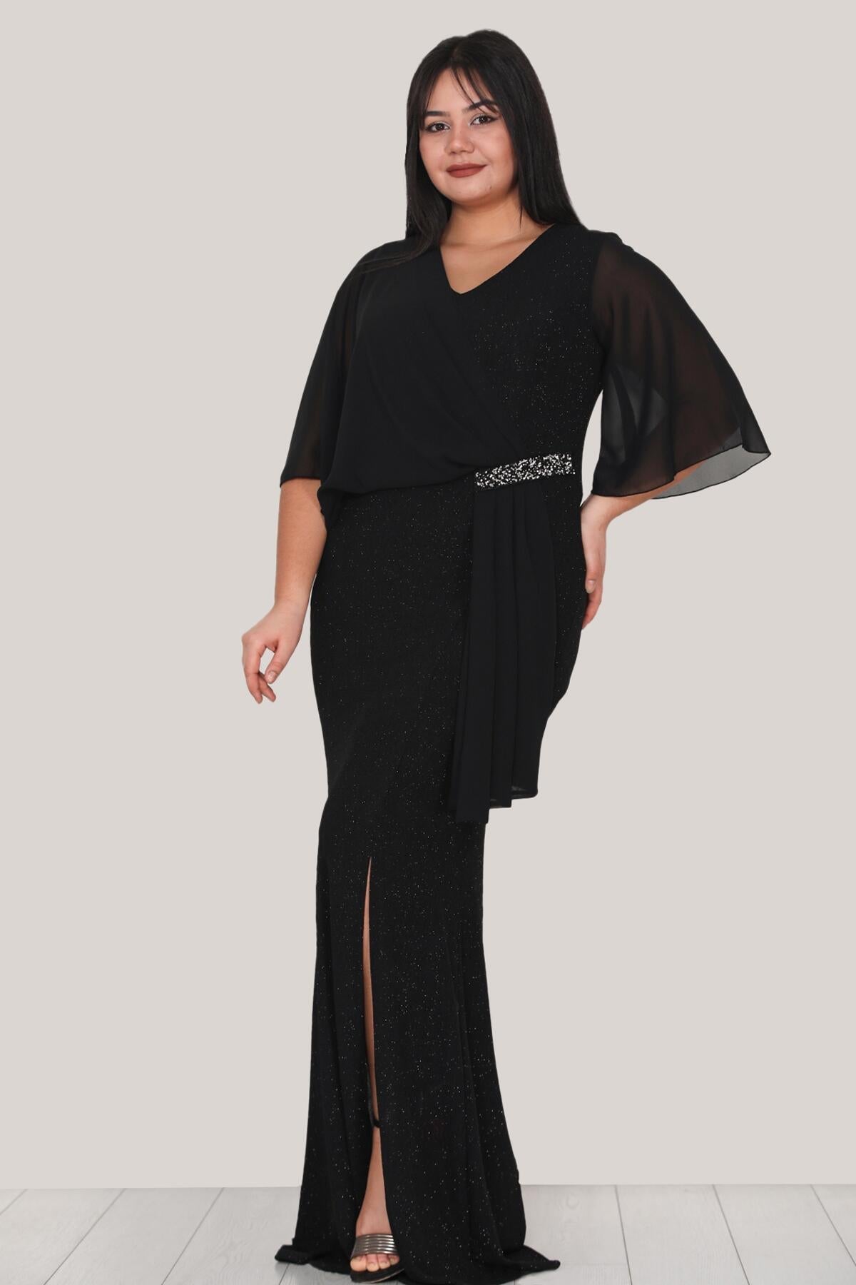 Plus - Size Long Glitter Evening Dress — Black
