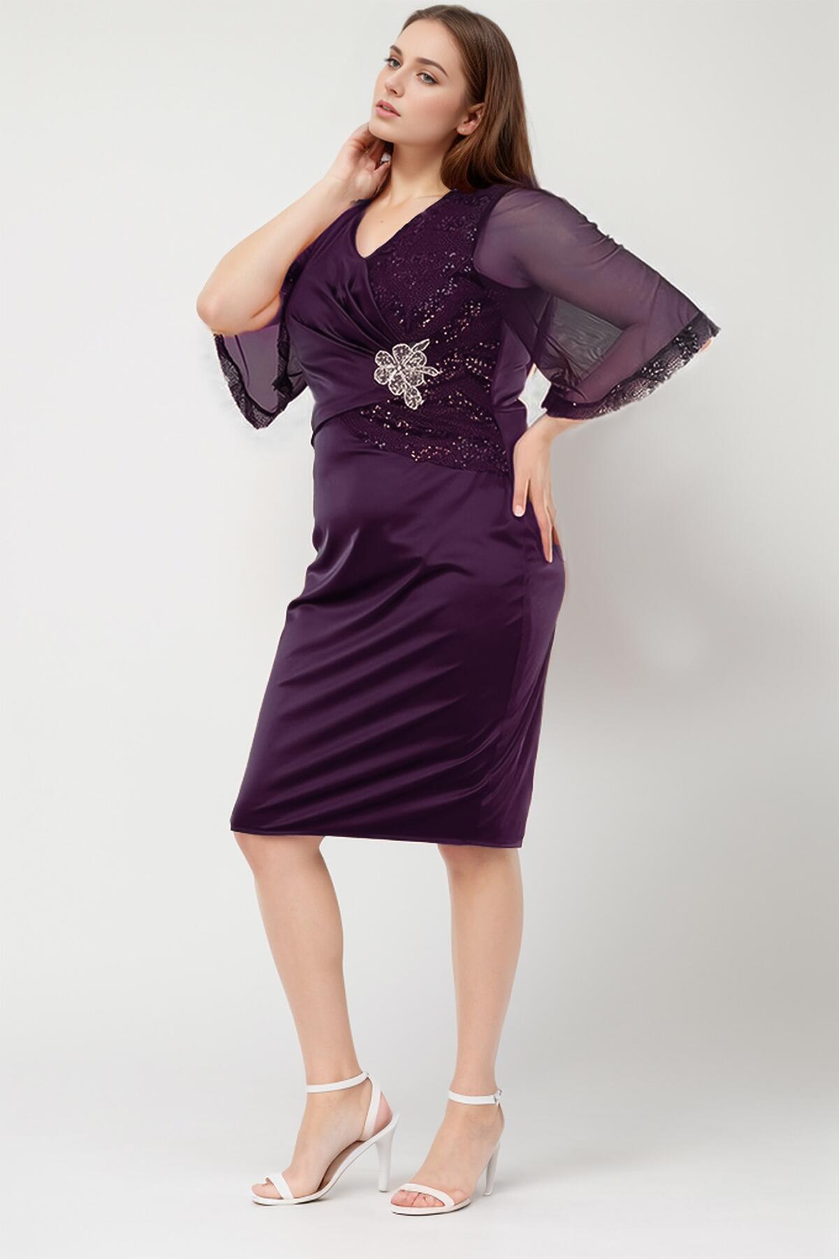 Plus Size V - Neck Short Dress With Sequin & Stone Detail - Dark Purple