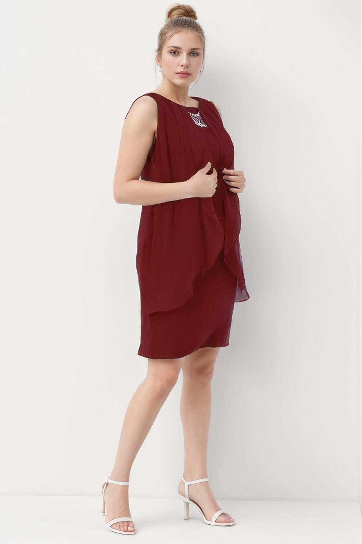 Plus - Size Short Chiffon Dress With Necklace Neckline — Burgundy