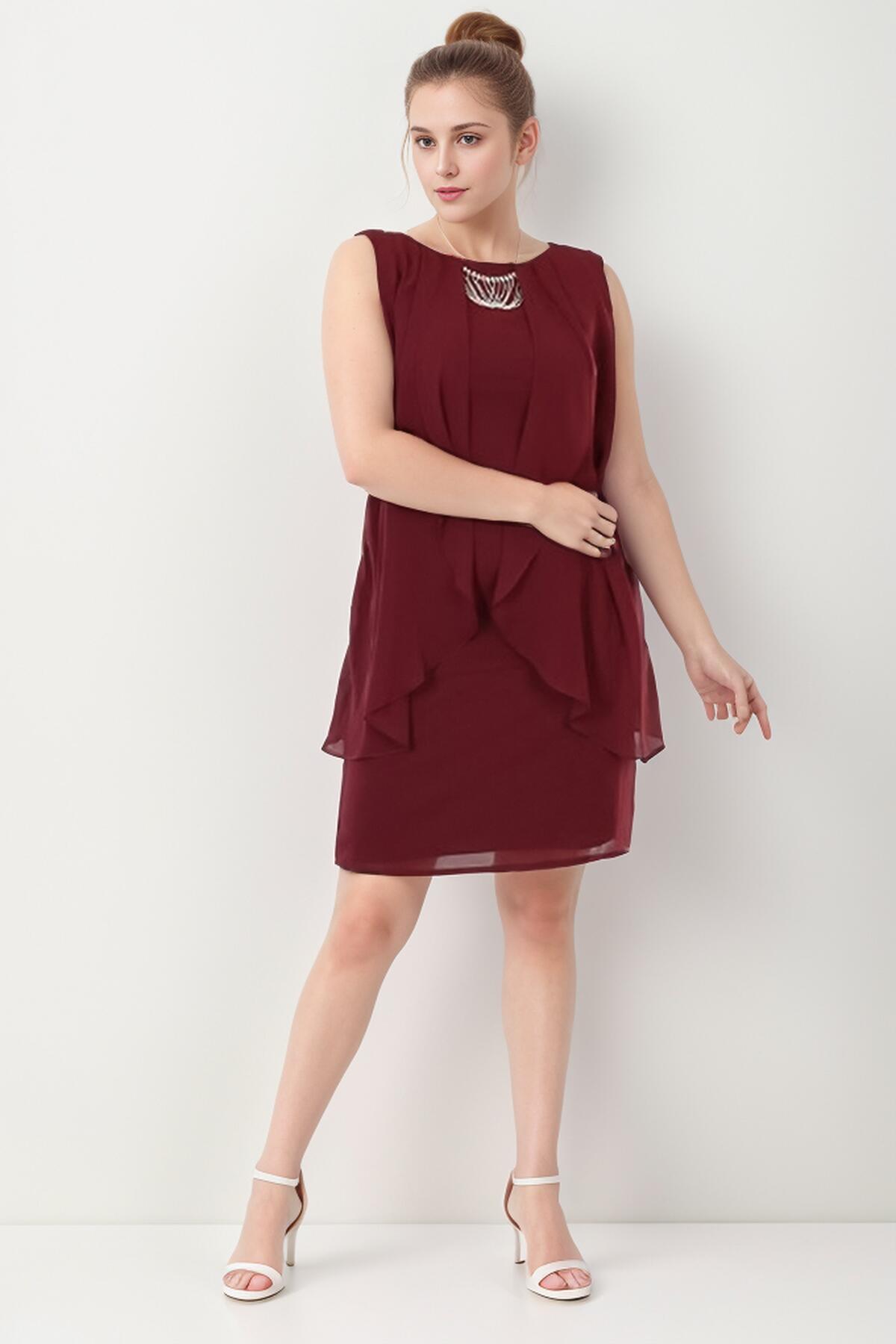 Plus - Size Short Chiffon Dress With Necklace Neckline — Burgundy