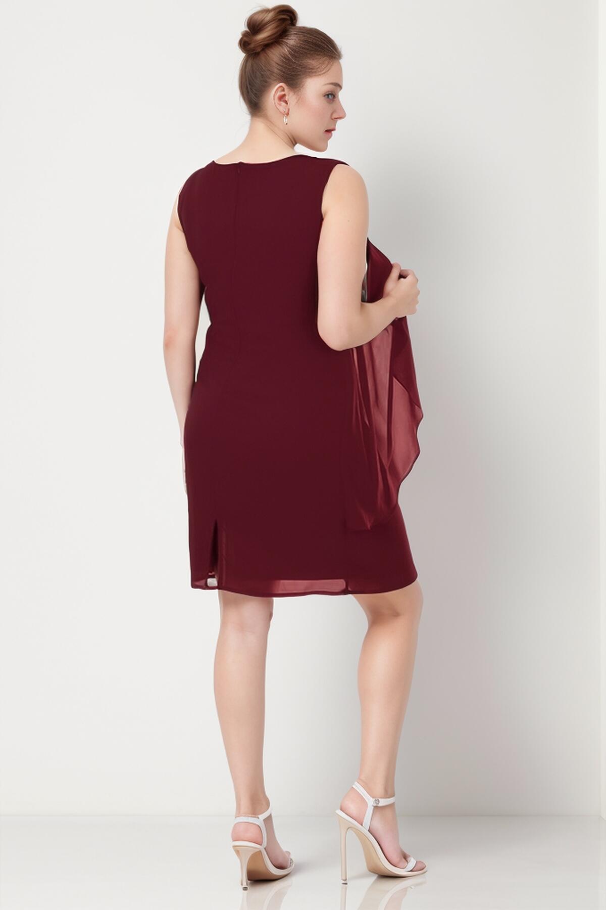 Plus - Size Short Chiffon Dress With Necklace Neckline — Burgundy