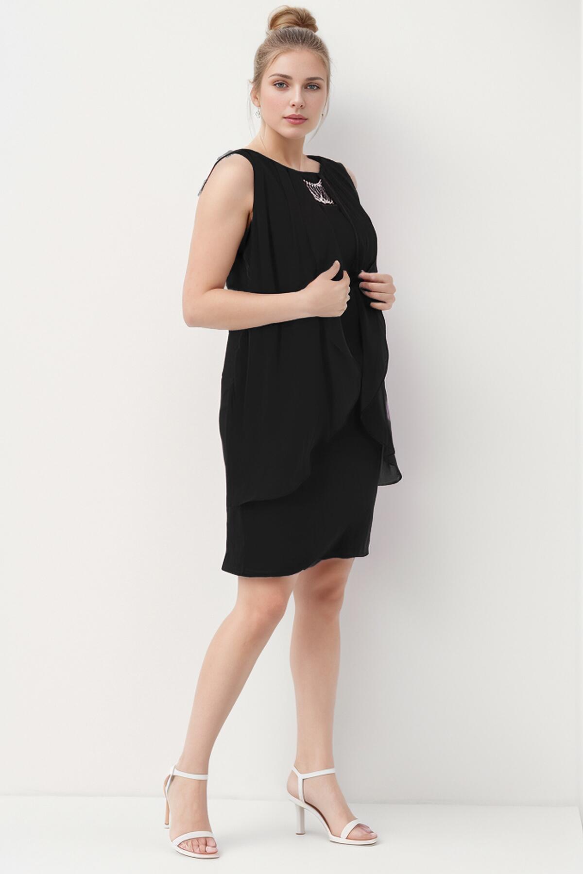 Plus - Size Short Chiffon Dress With Necklace Neckline — Black