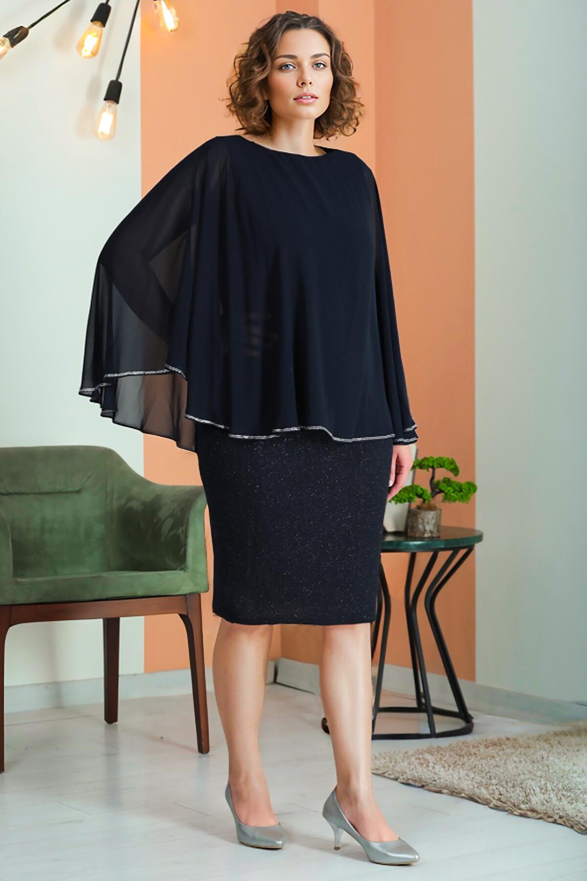 Plus - Size Short Chiffon Shimmer Dress, Navy