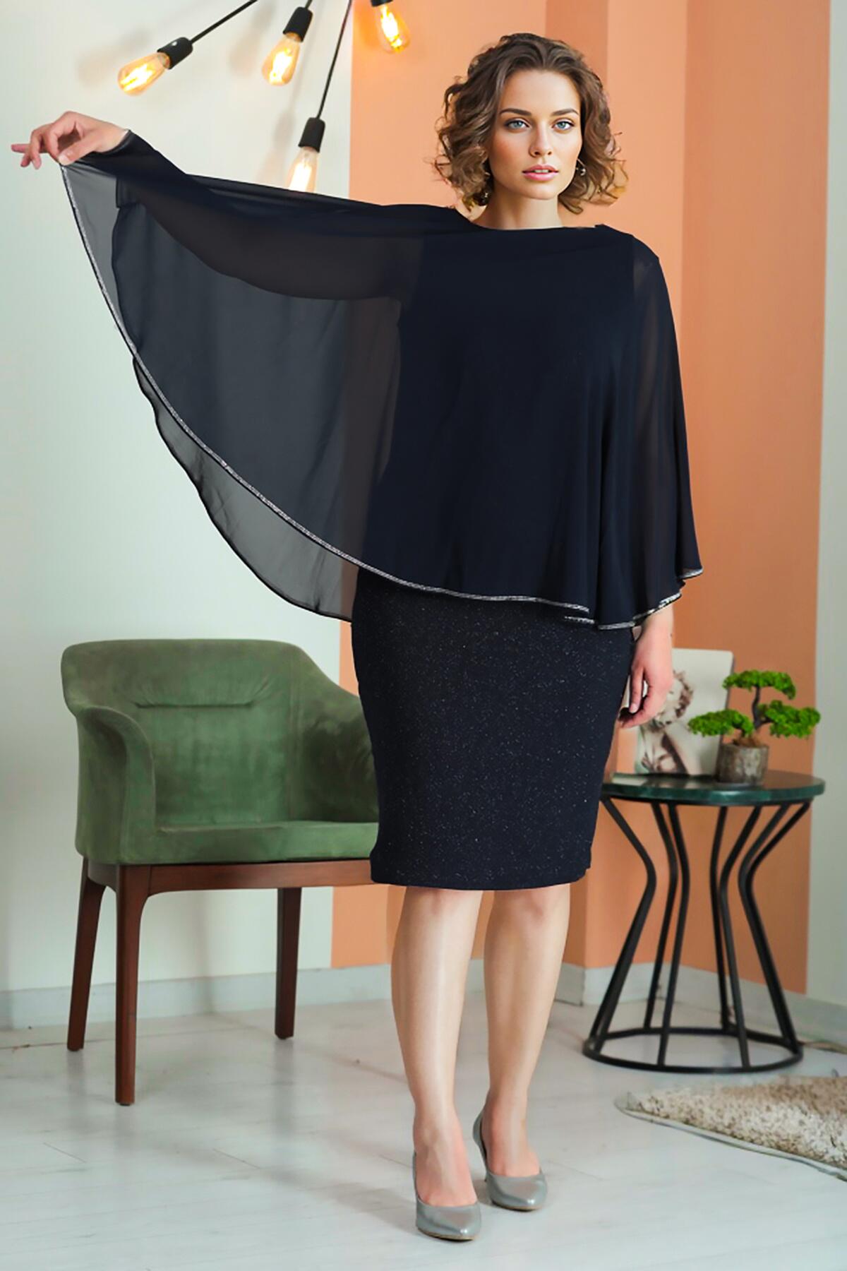 Plus - Size Short Chiffon Shimmer Dress, Navy