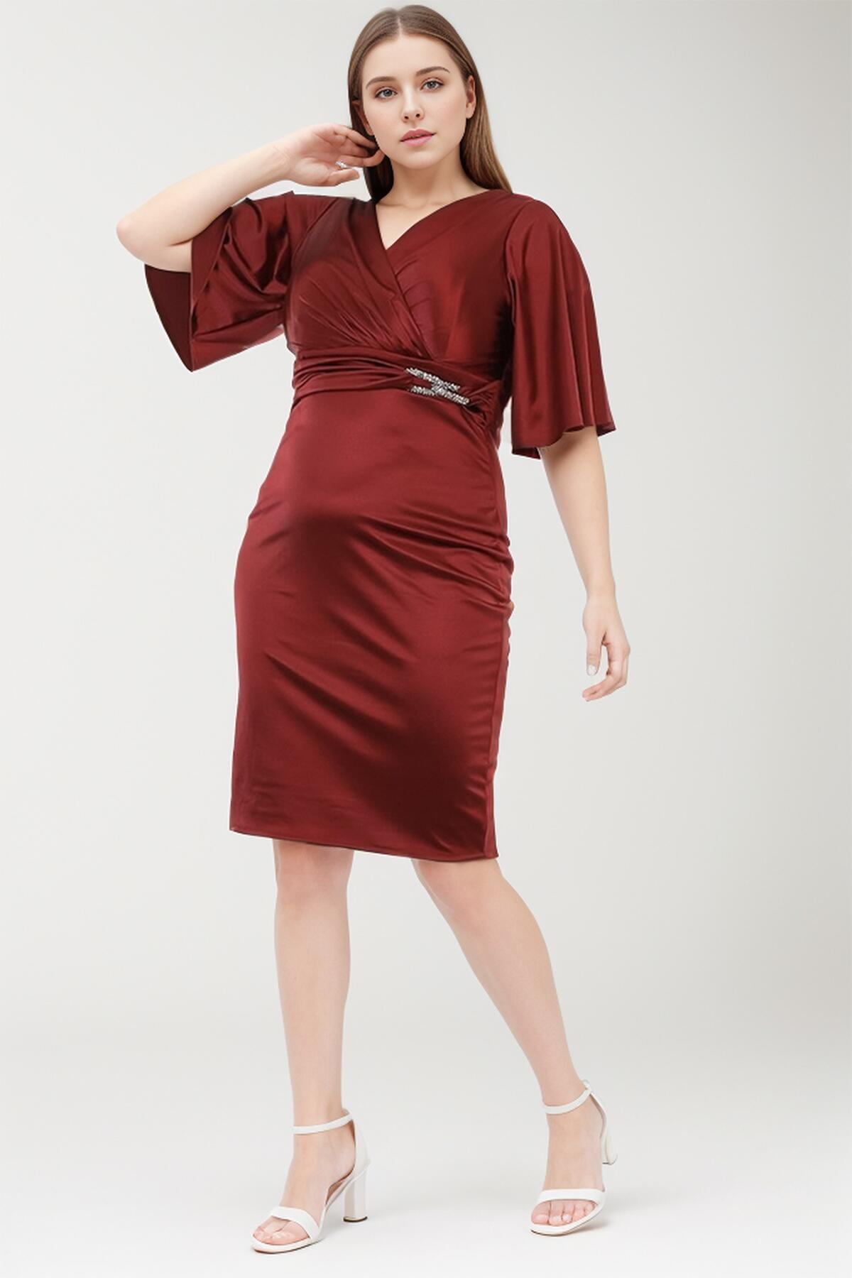 Plus - Size Midi Satin Evening Dress — Burgundy