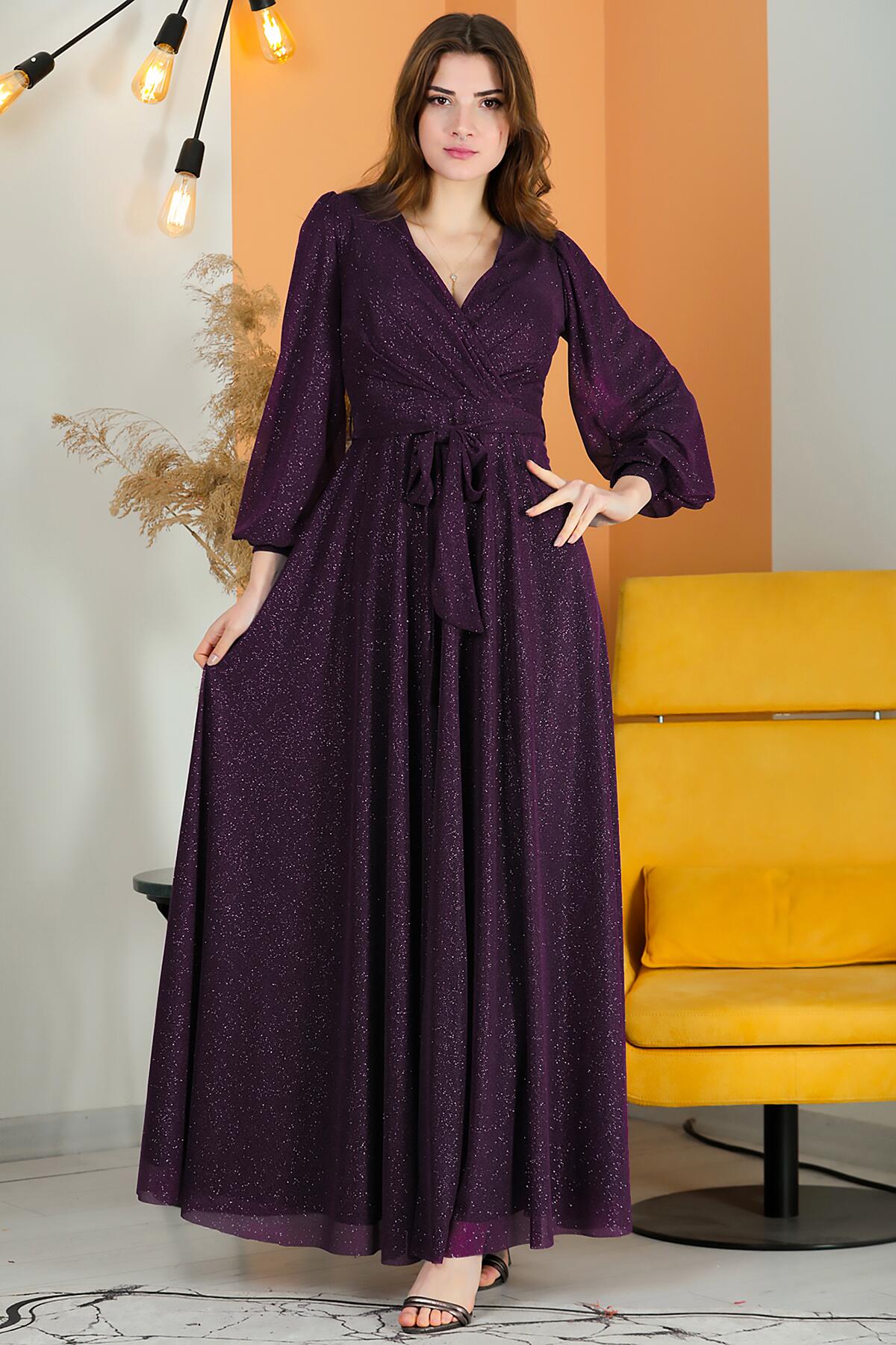 Glitter V - Neck Belted Evening Dress — Dark Purple