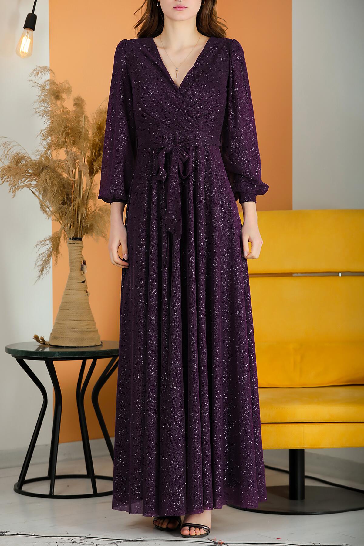Glitter V - Neck Belted Evening Dress — Dark Purple