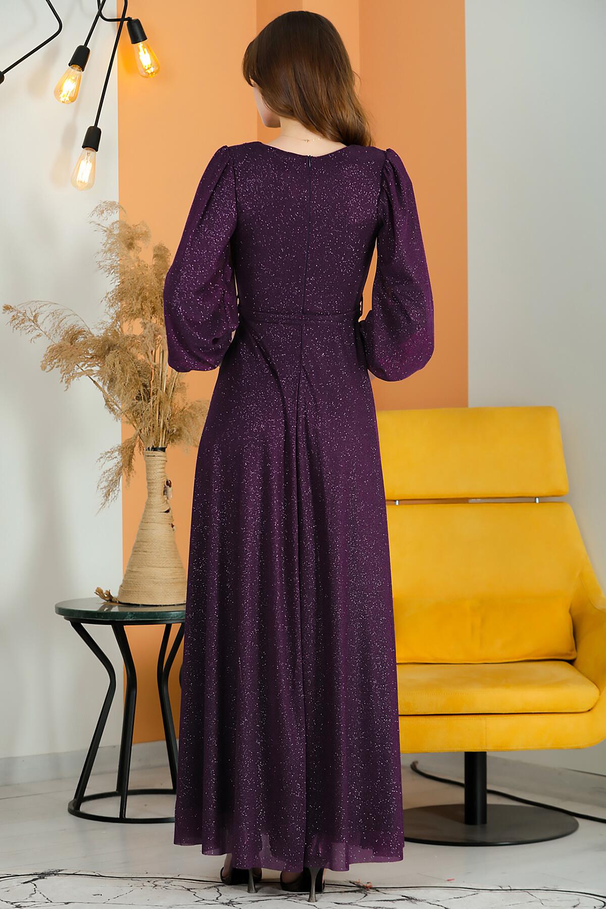 Glitter V - Neck Belted Evening Dress — Dark Purple