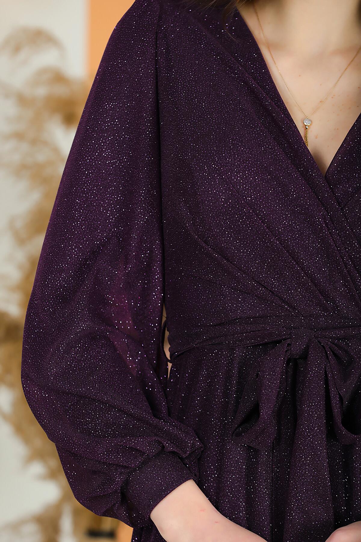 Glitter V - Neck Belted Evening Dress — Dark Purple