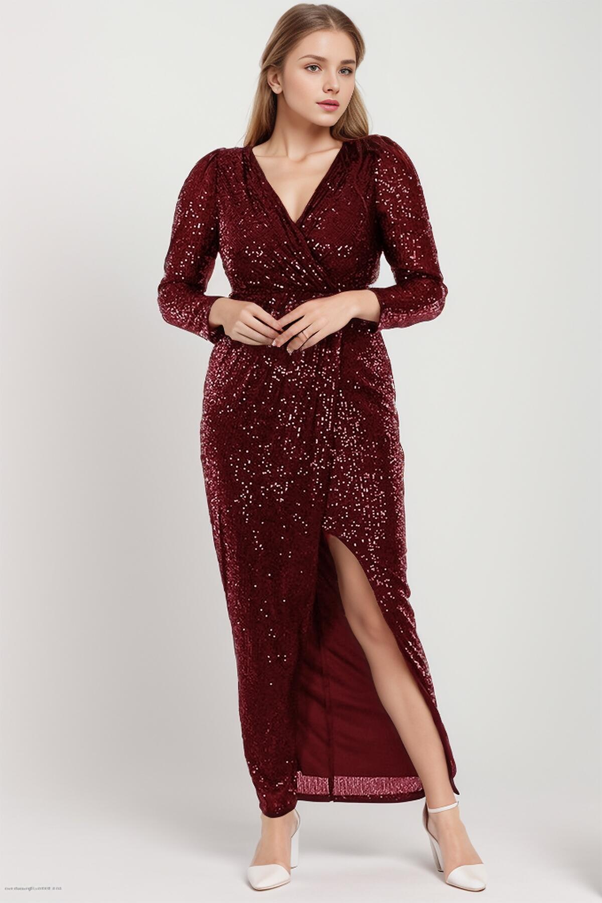 Plus Size Long Sequin Evening Dress — Burgundy