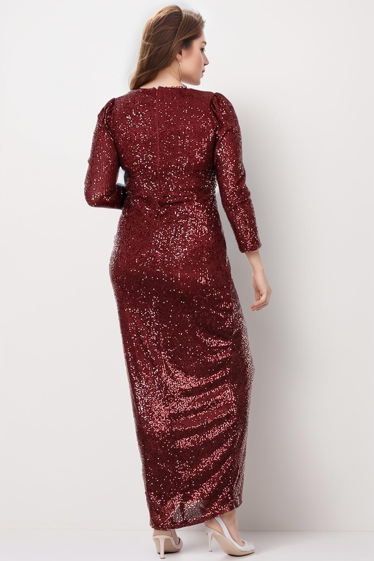Plus Size Long Sequin Evening Dress — Burgundy