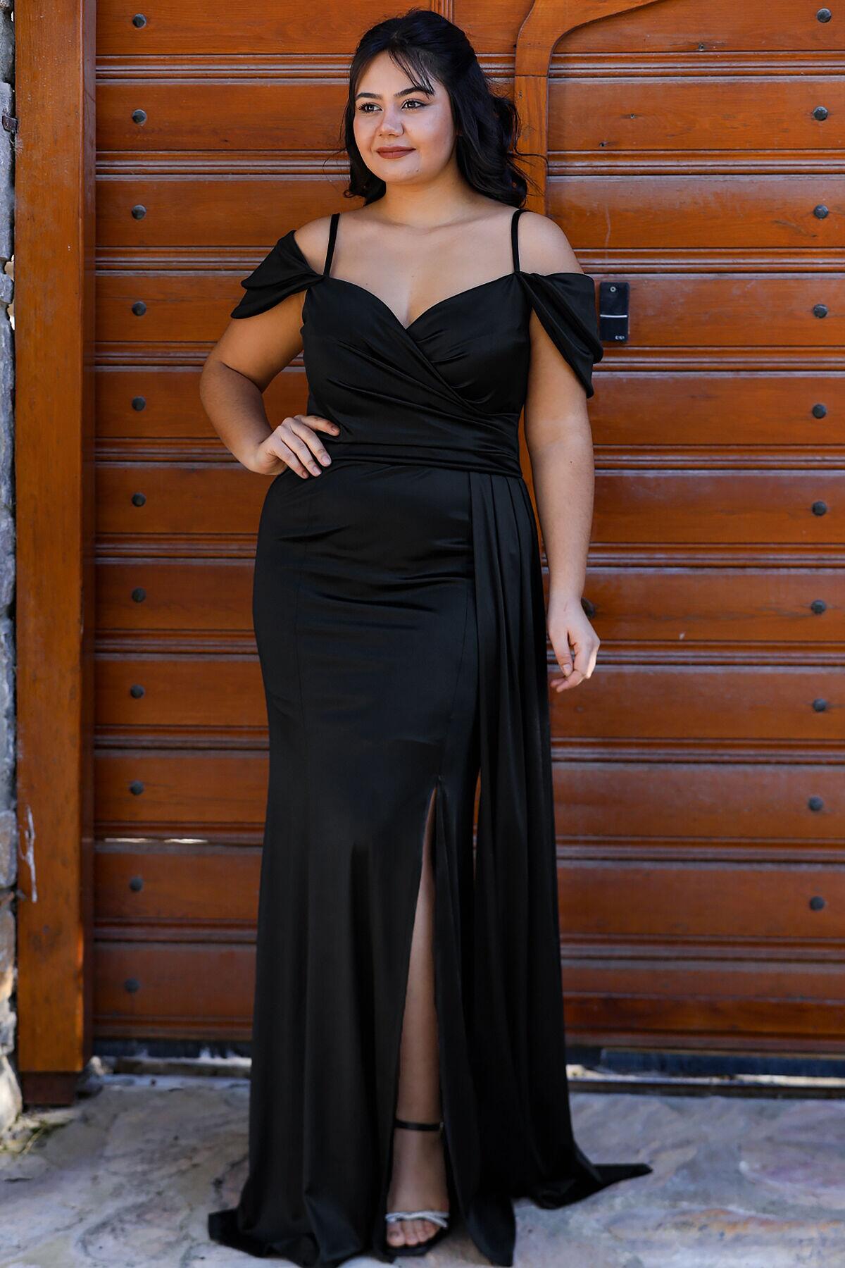 Black Satin Strappy Evening Dress (Plus Size)