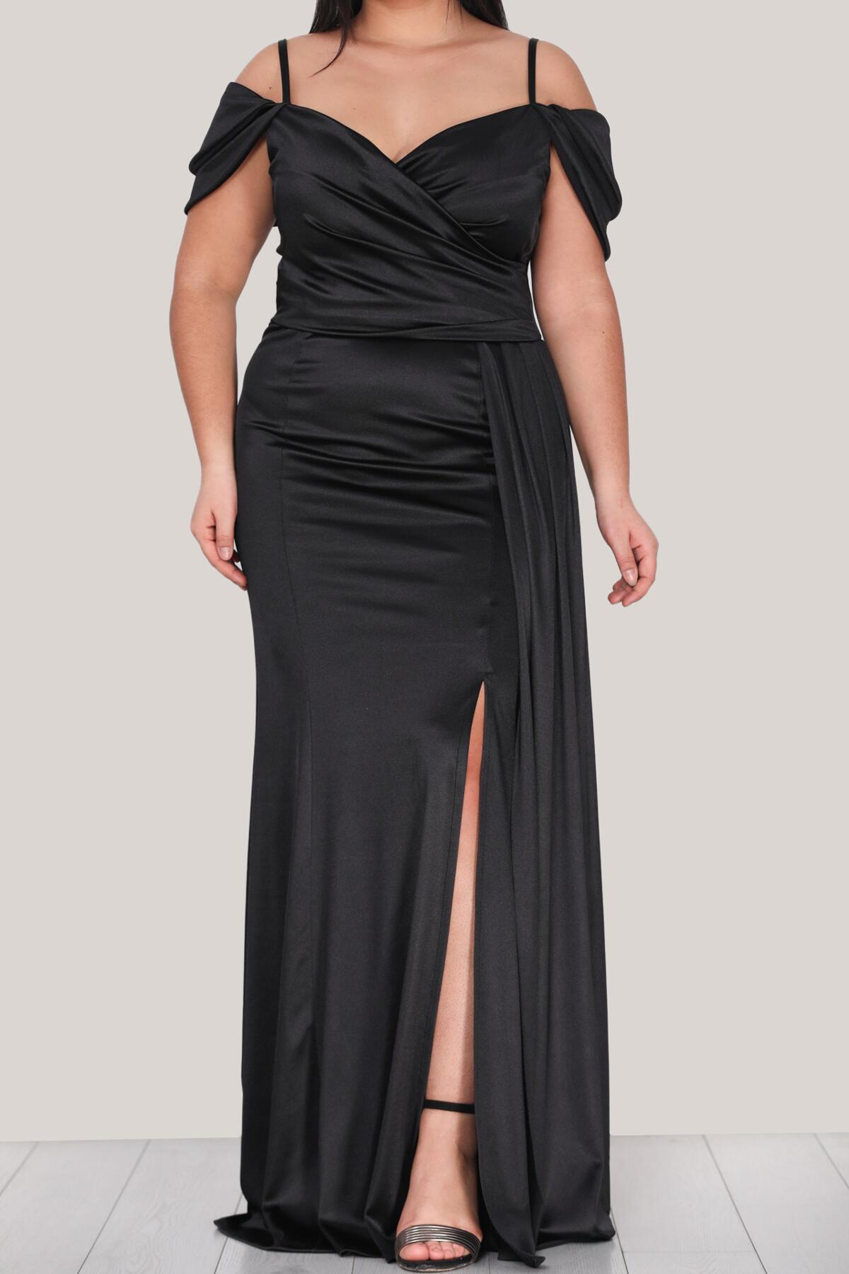 Black Satin Strappy Evening Dress (Plus Size)
