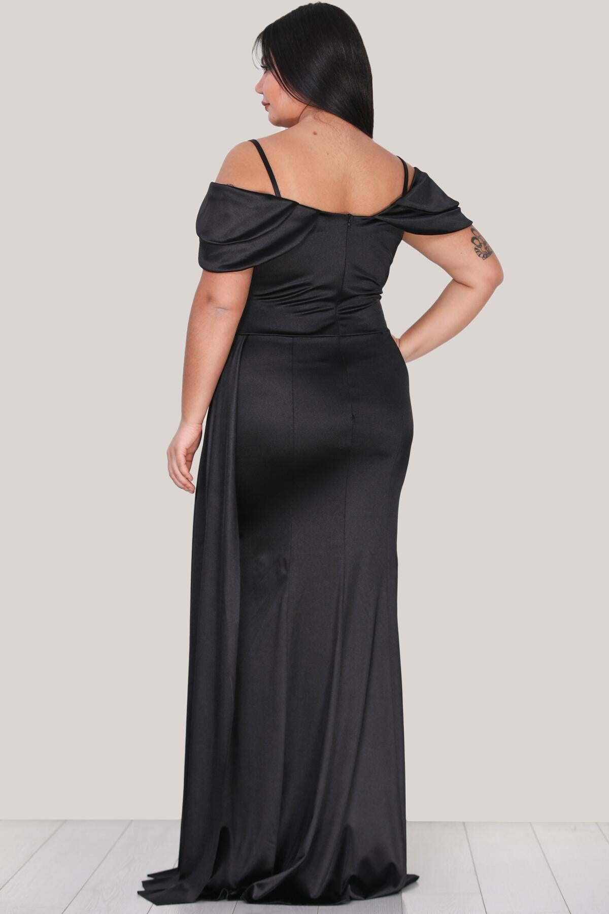 Black Satin Strappy Evening Dress (Plus Size)