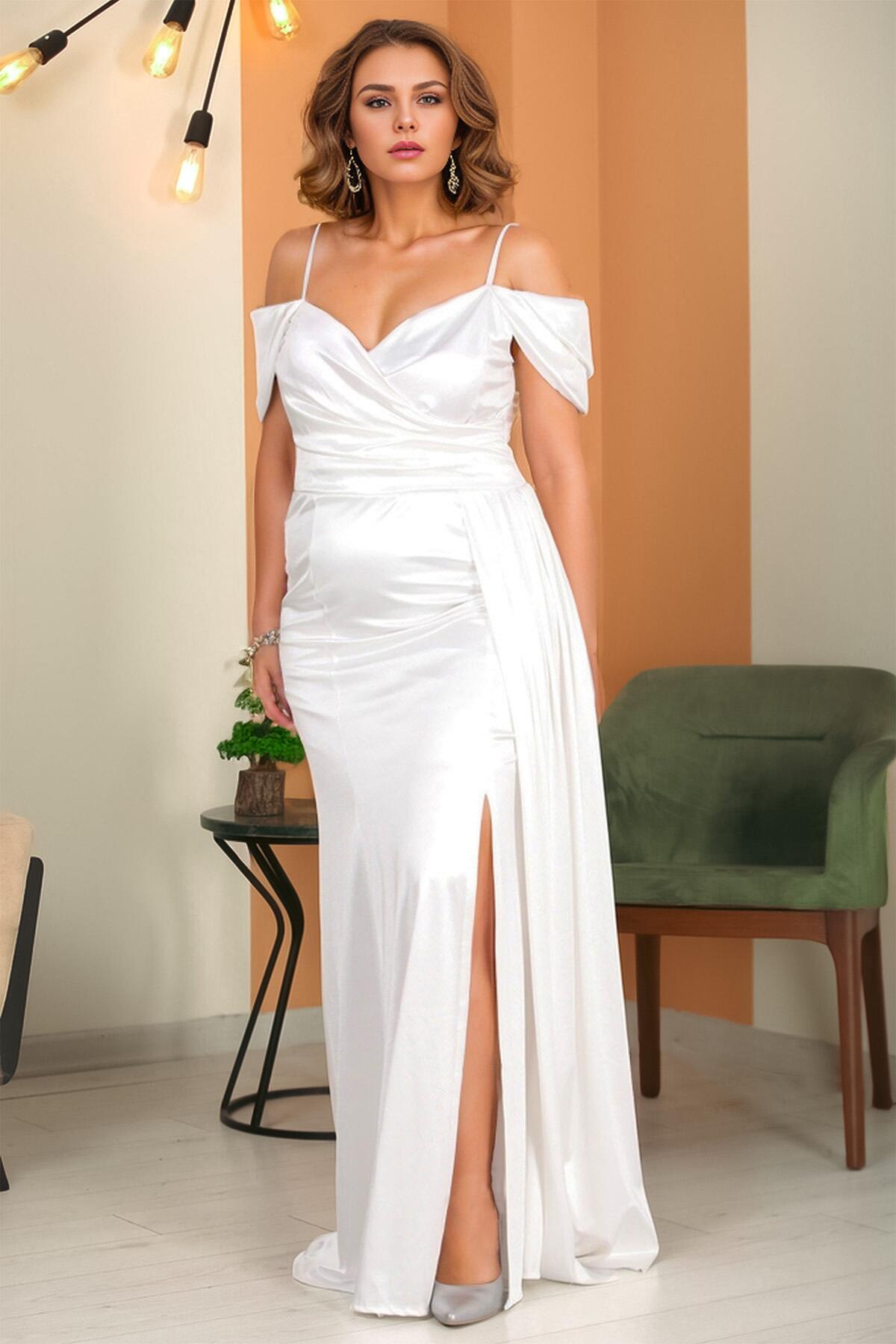 Plus ‑ Size Satin Strappy Evening Dress — Off‑White