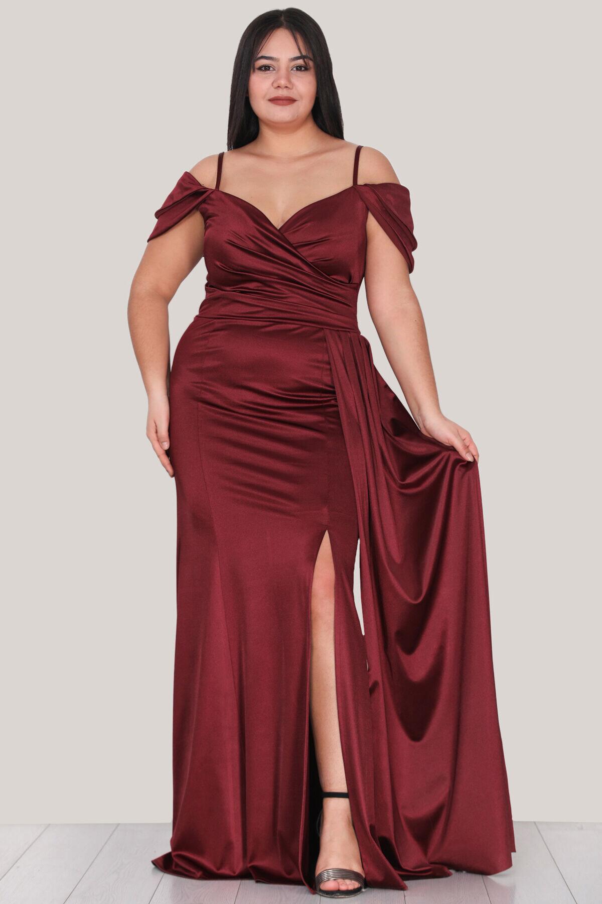 Plus - Size Strappy Satin Evening Dress — Burgundy