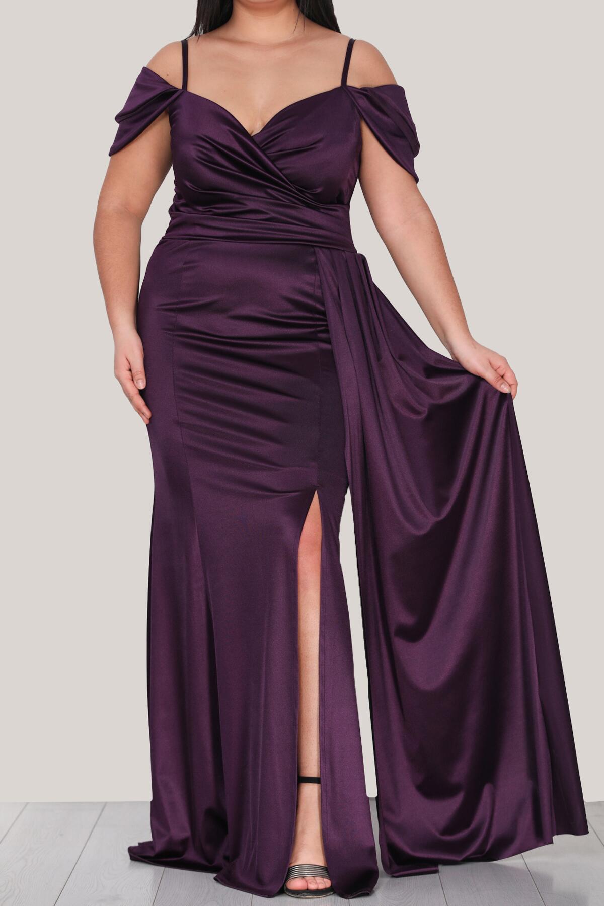 Plus - Size Strappy Satin Evening Dress — Dark Purple