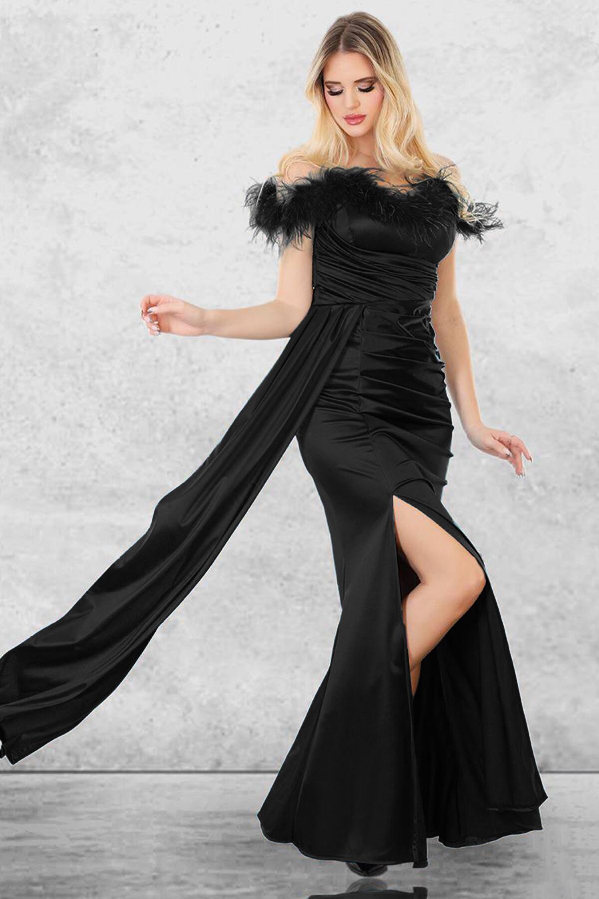 Long Satin Evening Dress With Tulle Neckline — Black