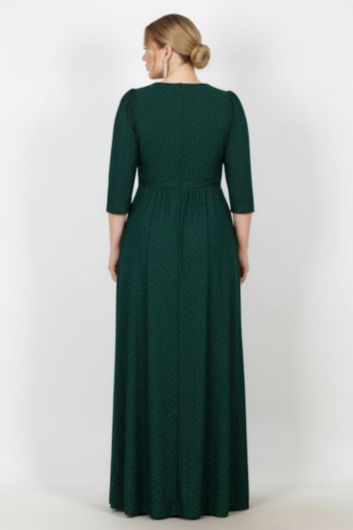 Plus - Size Long Glitter Evening Dress With Elbow Sleeves — Emerald