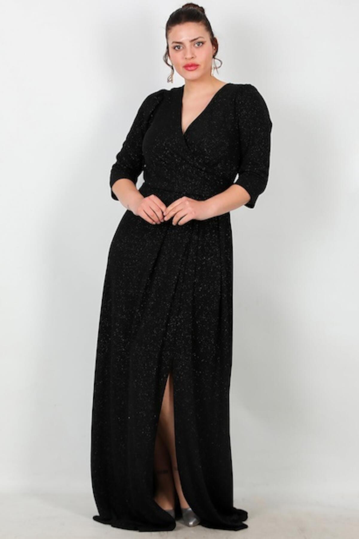 Plus - Size Long Glitter Evening Dress With Elbow - Length Sleeves — Black