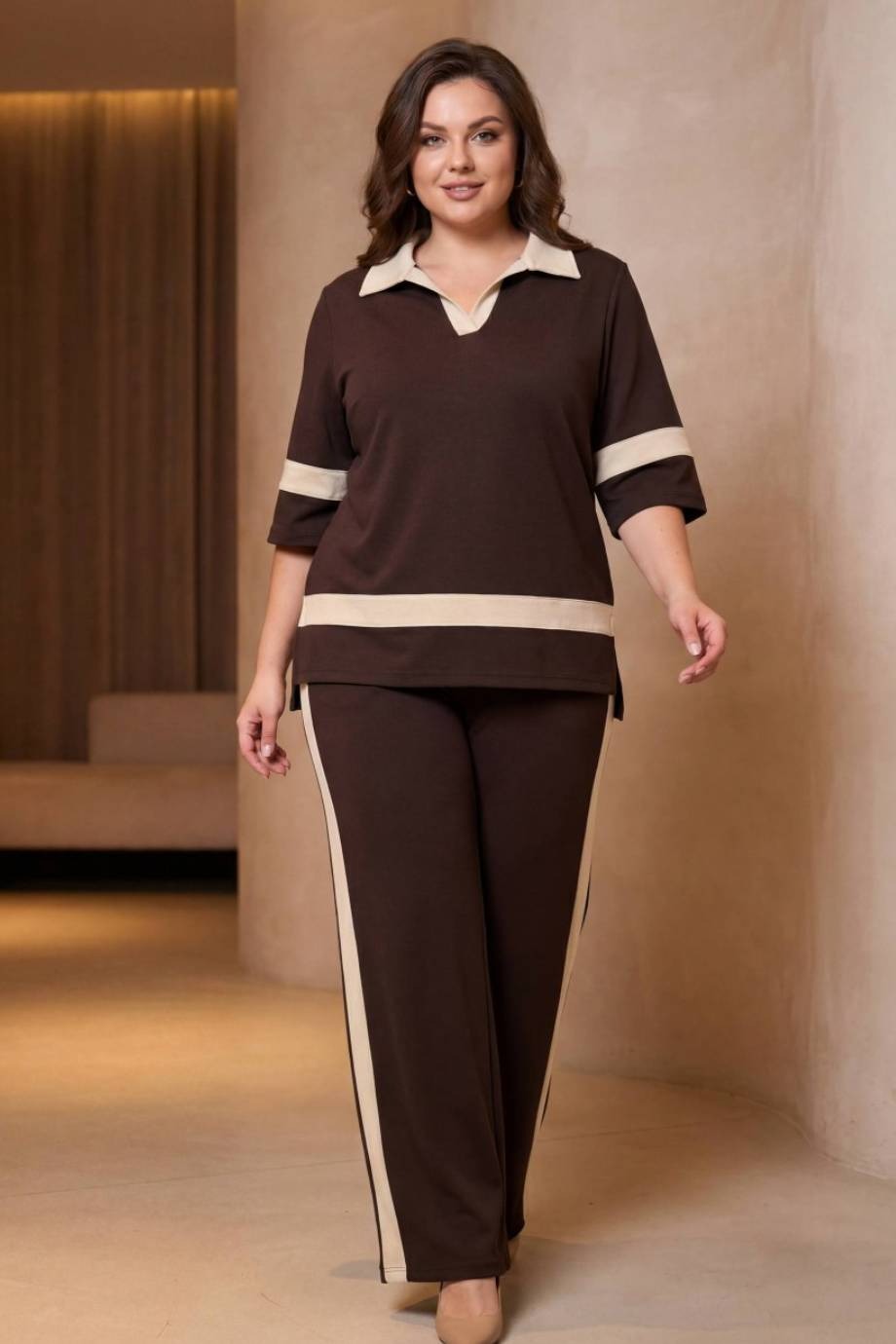 Plus - Size Polo - Neck Set With Contrast Stripe — Brown