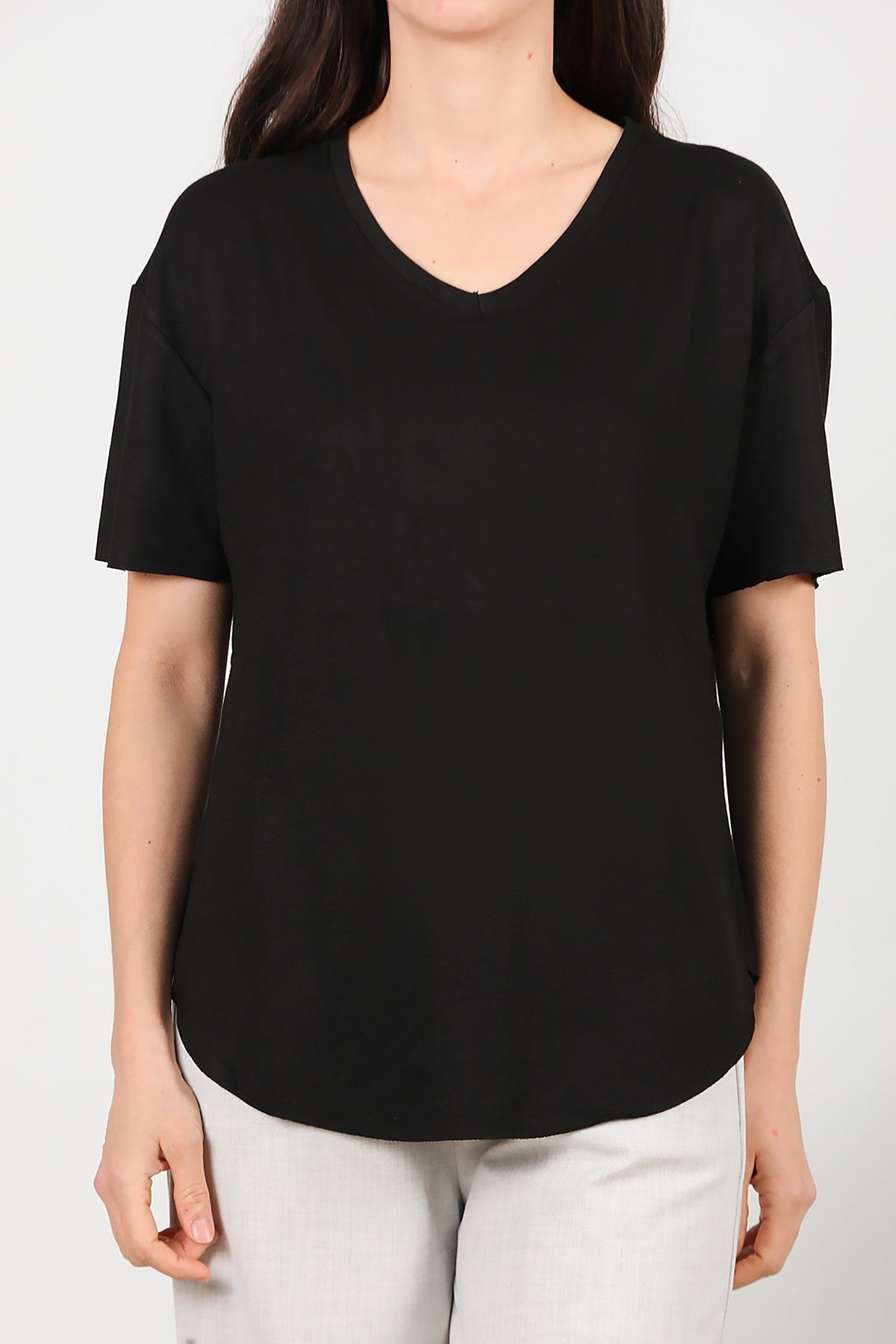 V - Neck T - Shirt With Oval Hem — Black