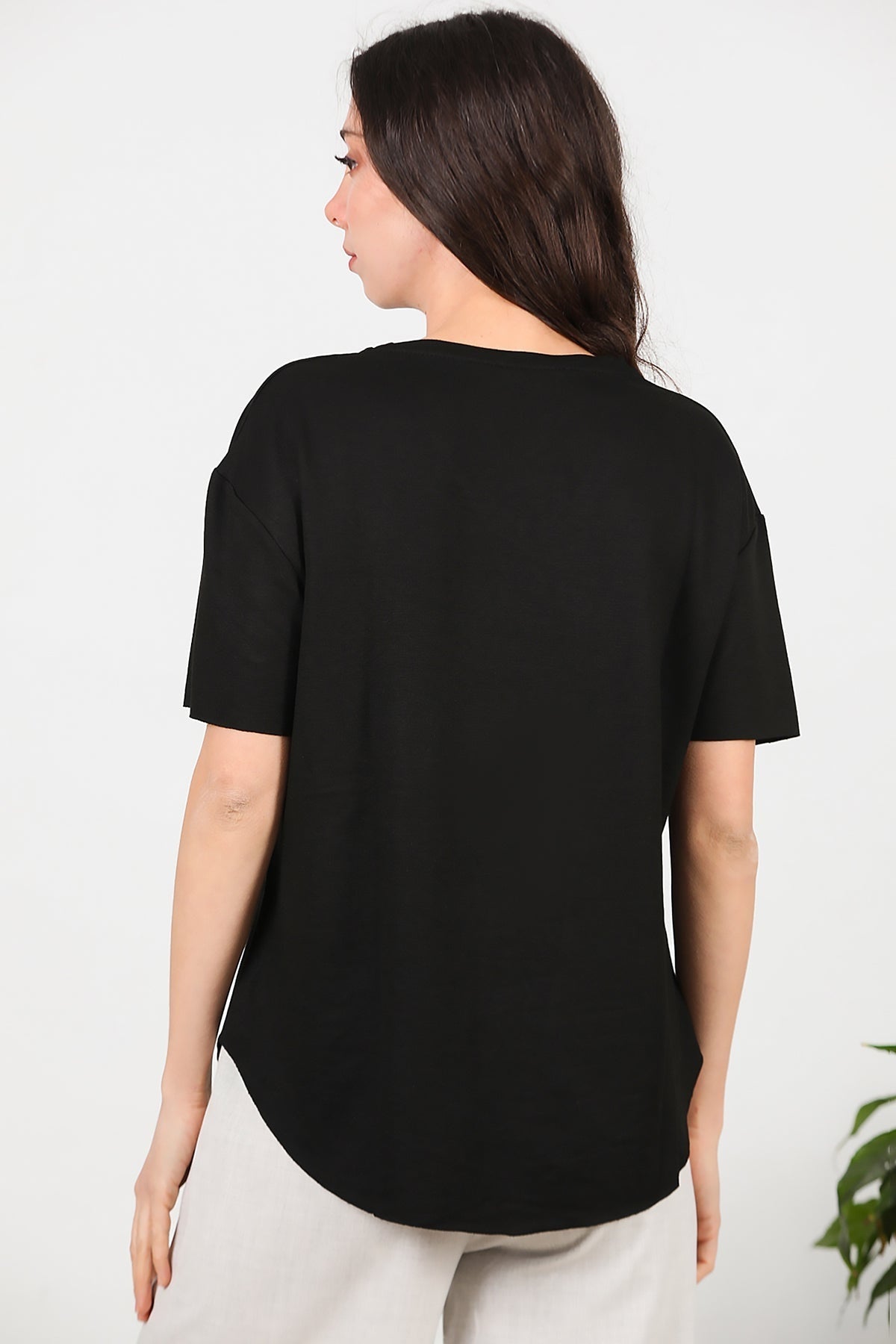 V - Neck T - Shirt With Oval Hem — Black