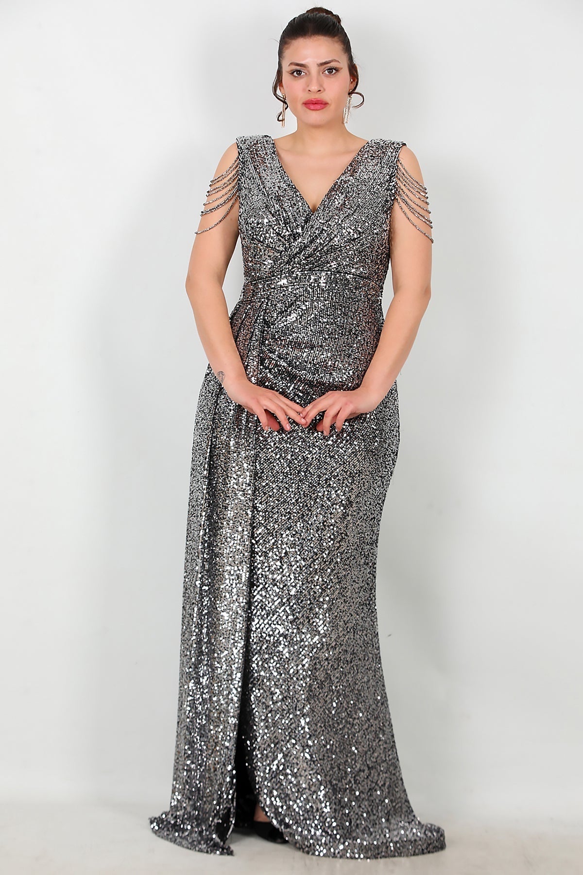 Plus - Size Long Sequin Evening Dress With Shoulder Chain — Silver
