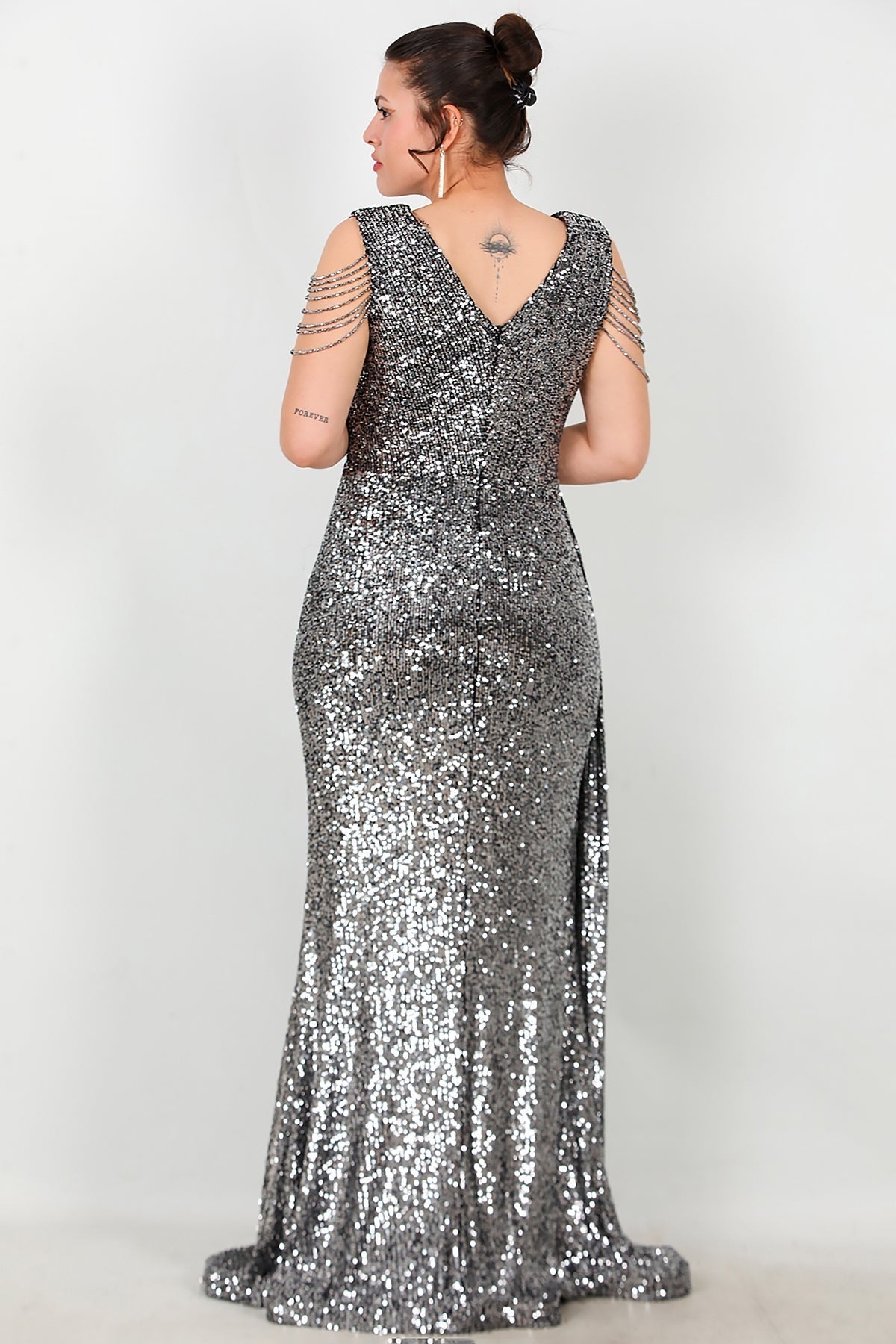 Plus - Size Long Sequin Evening Dress With Shoulder Chain — Silver