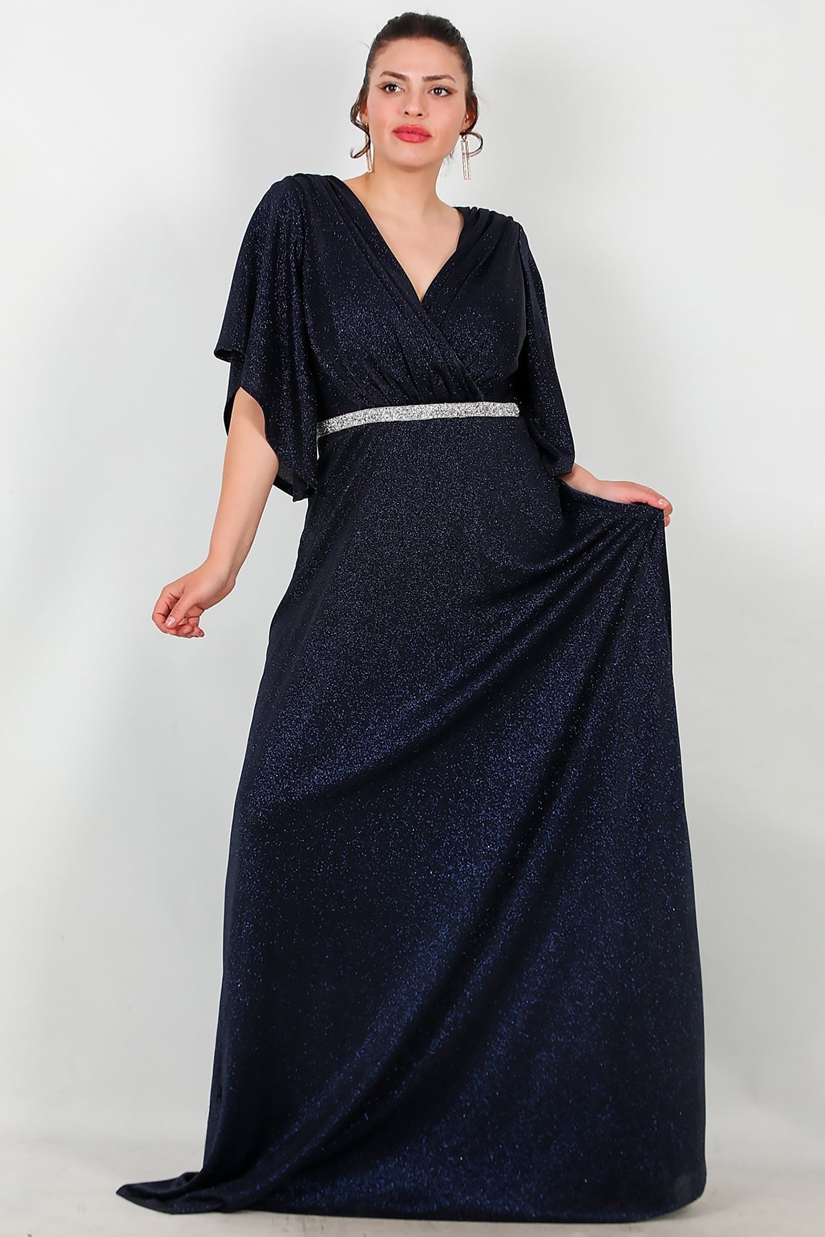 Plus - Size Long Evening Dress With Stone - Trim Waist — Navy