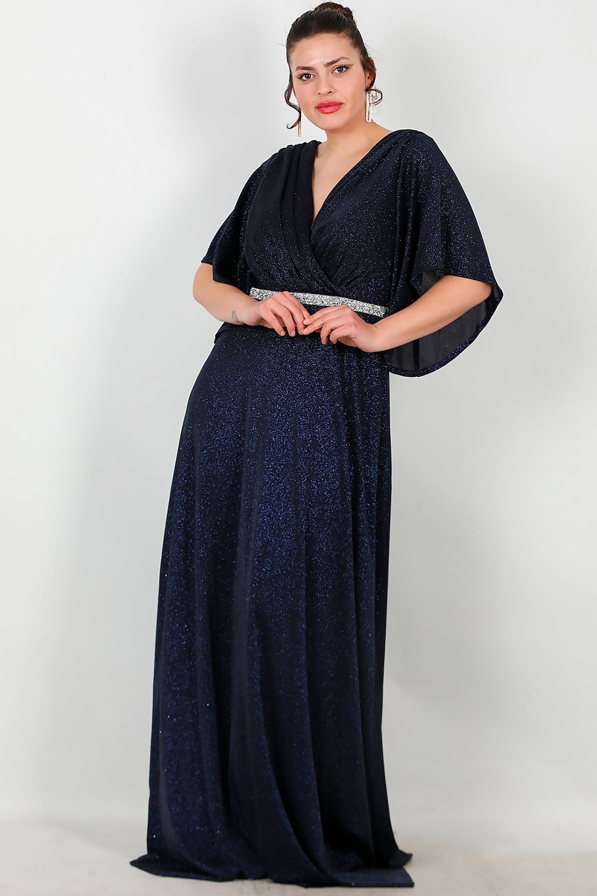 Plus - Size Long Evening Dress With Stone - Trim Waist — Navy