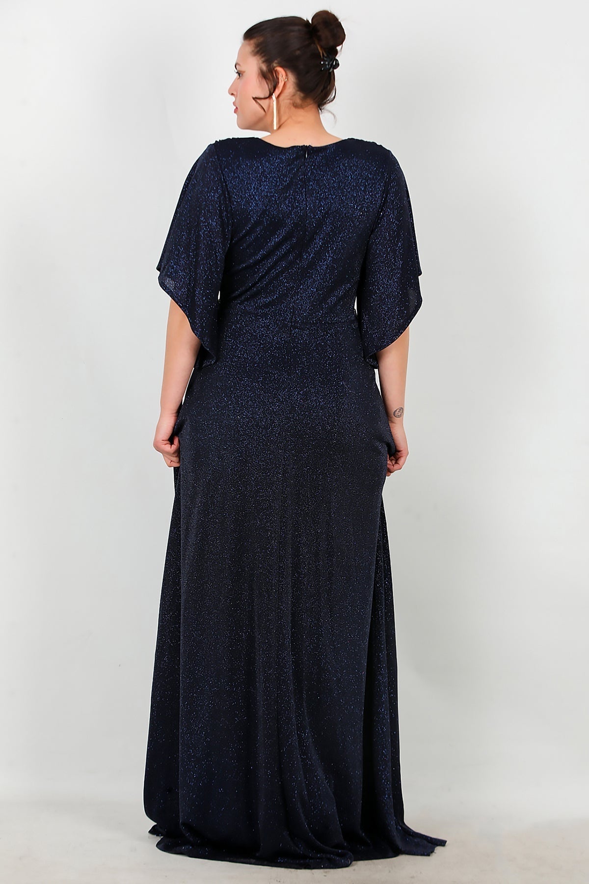 Plus - Size Long Evening Dress With Stone - Trim Waist — Navy