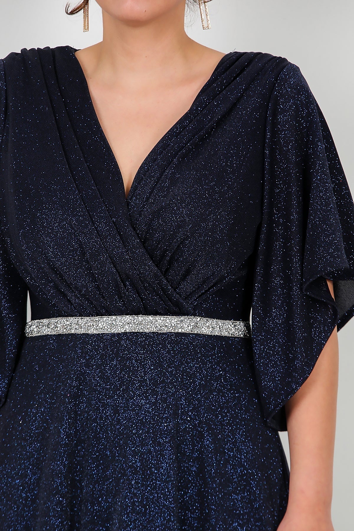 Plus - Size Long Evening Dress With Stone - Trim Waist — Navy
