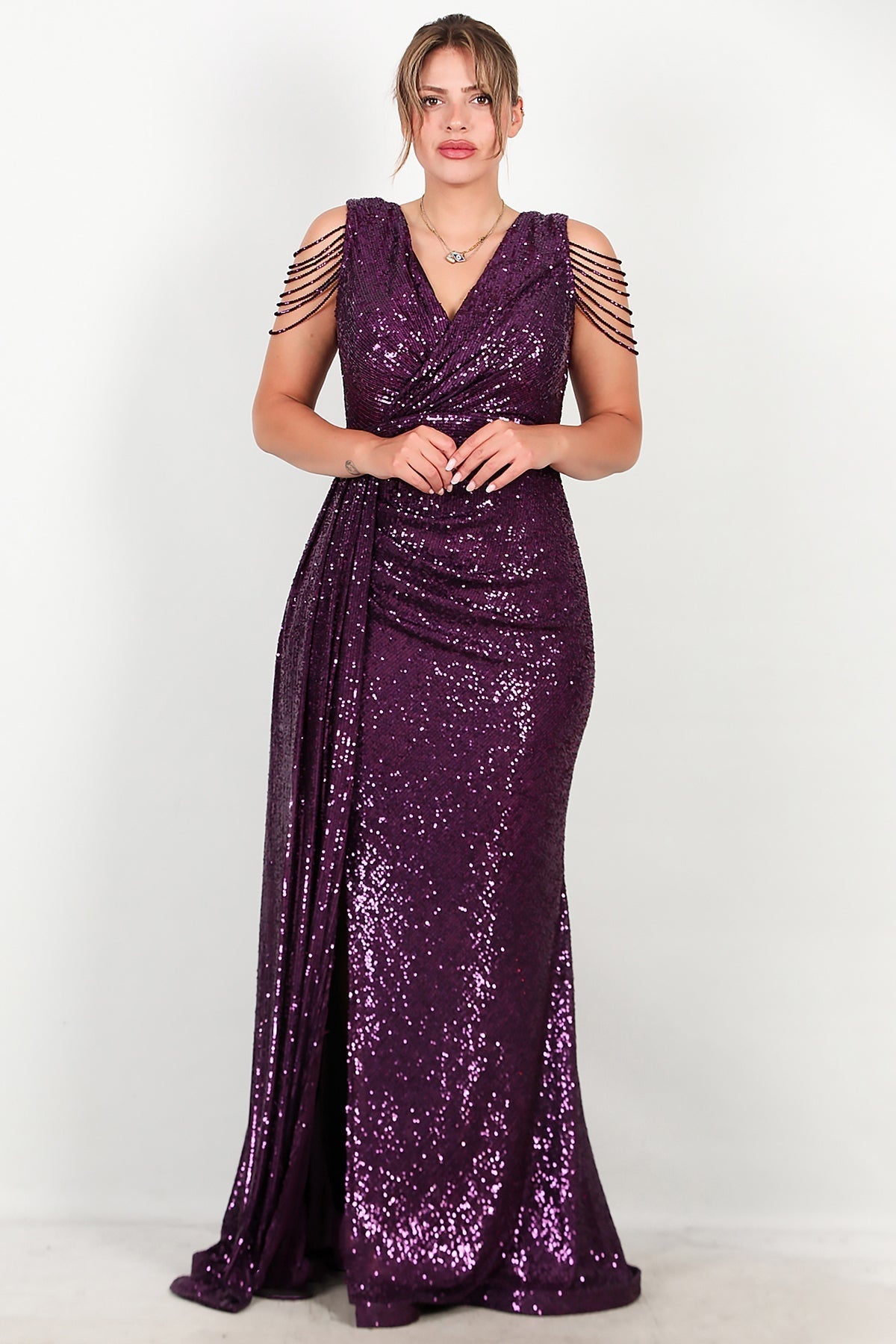 Plus - Size Long Sequin Evening Dress With Shoulder Chain — Purple