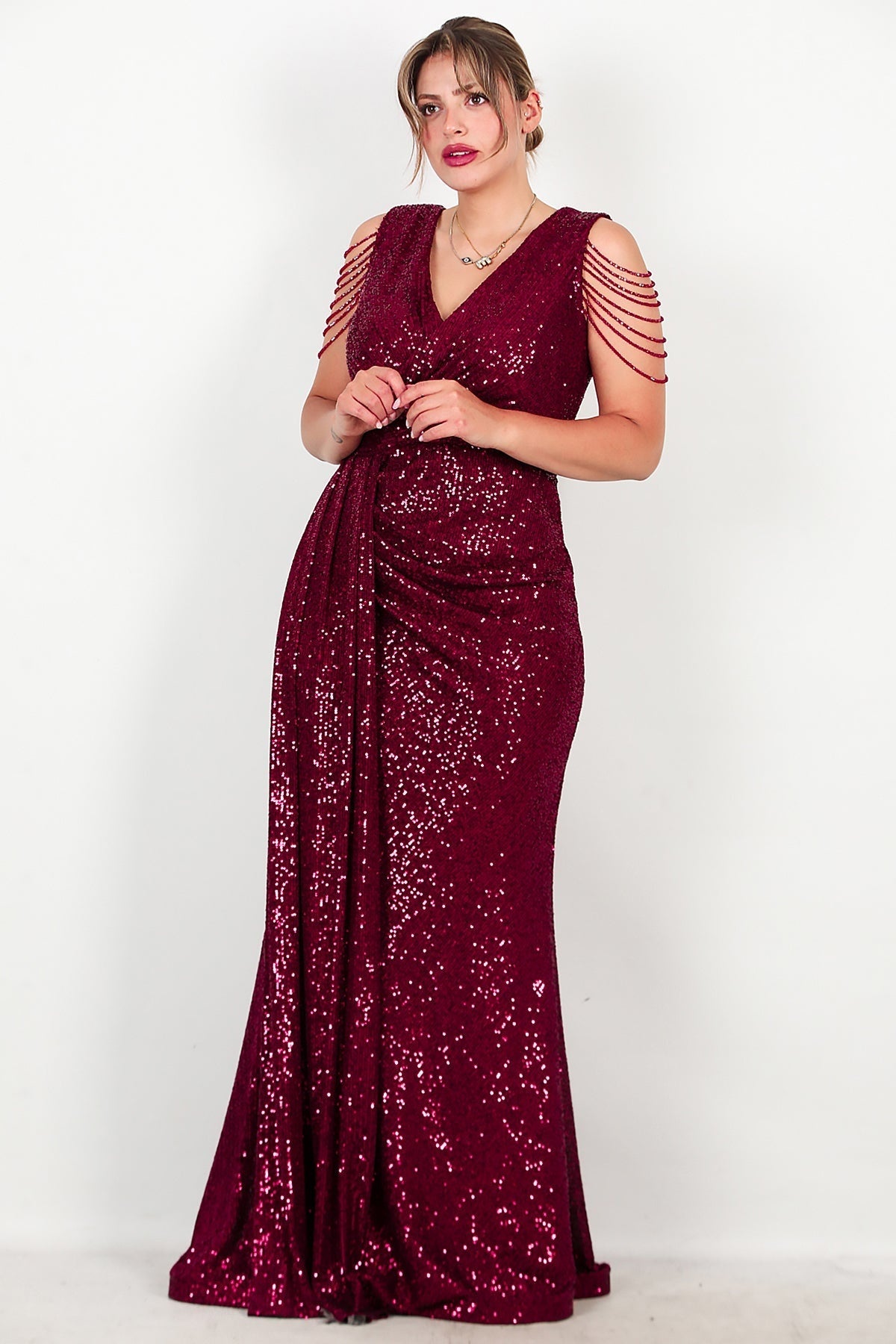 Plus - Size Burgundy Sequin Maxi Evening Dress With Shoulder Chain