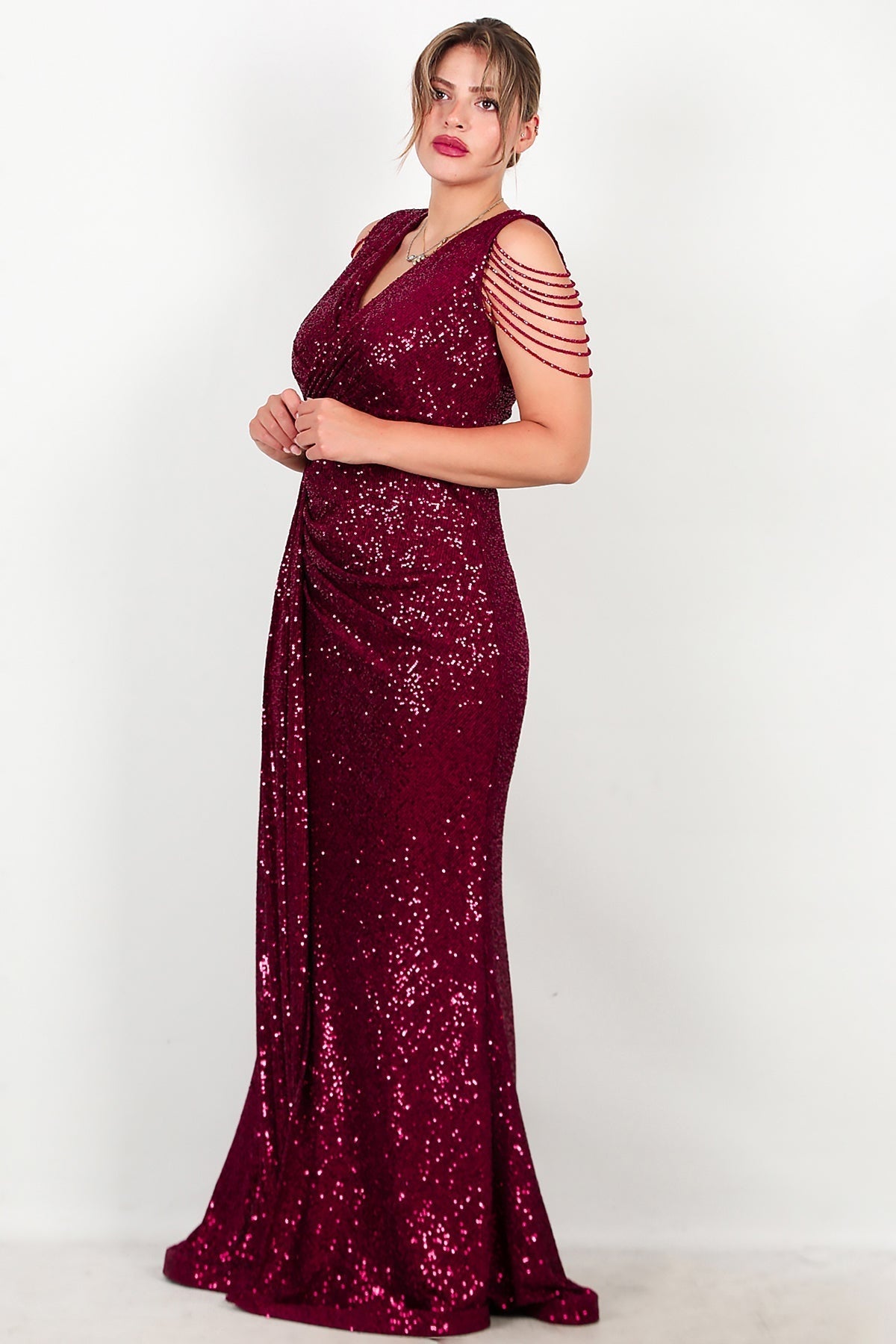 Plus - Size Burgundy Sequin Maxi Evening Dress With Shoulder Chain