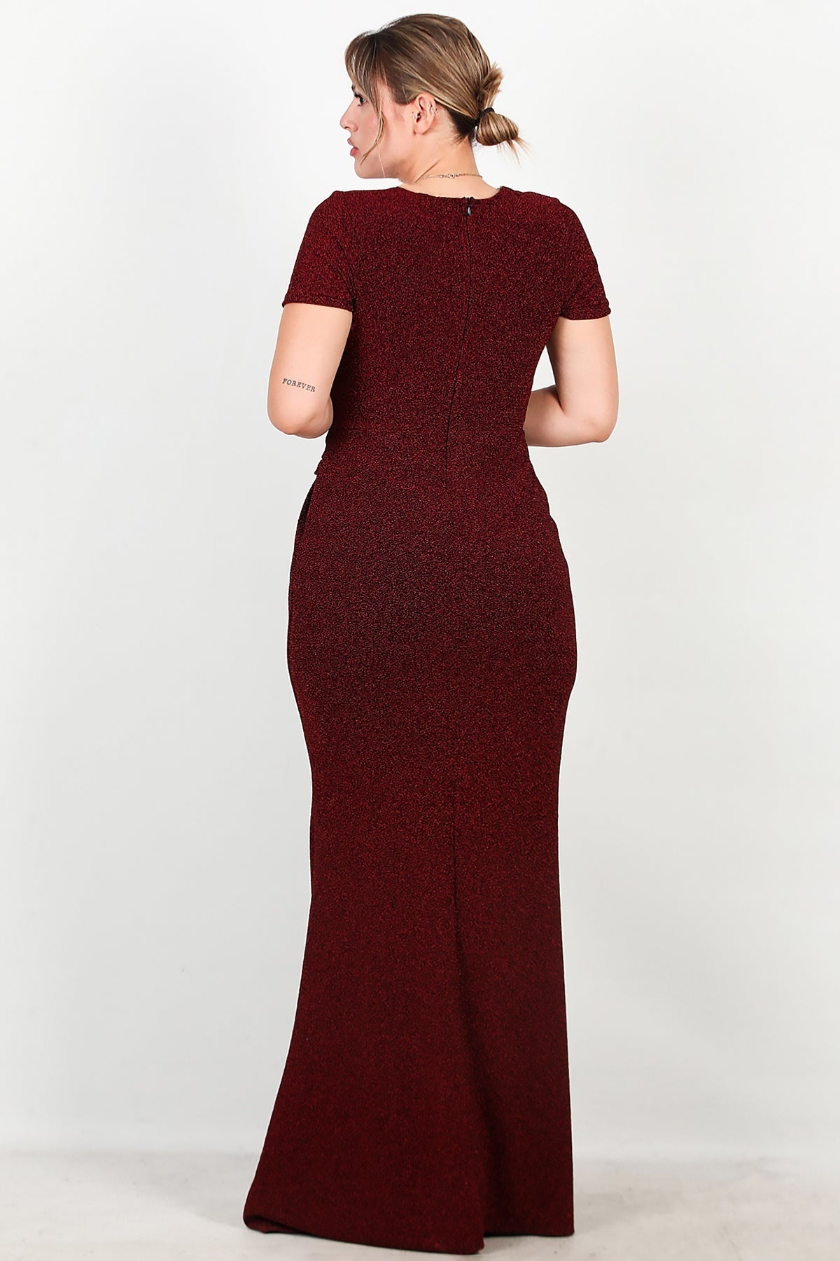 Plus - Size Long Sparkle Evening Dress With Beaded Waist — Burgundy