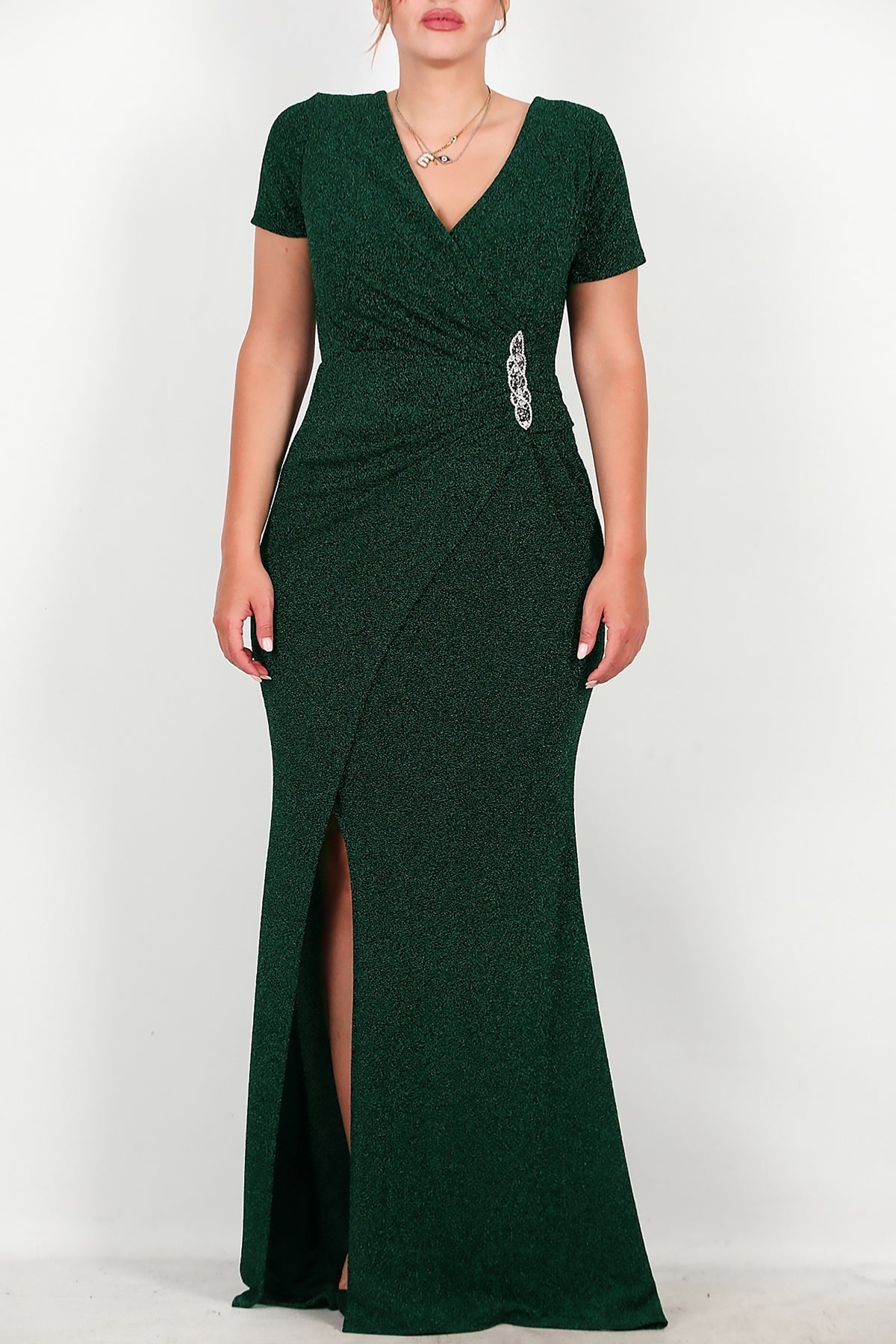 Plus - Size Long Sparkle Evening Dress With Beaded Waist — Emerald