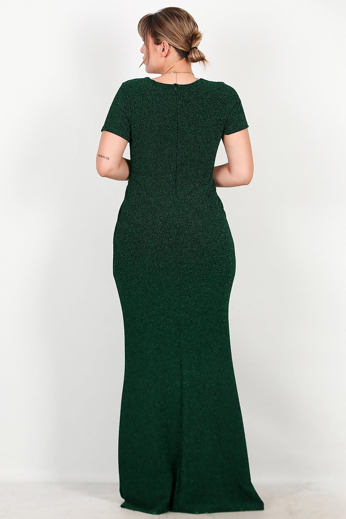 Plus - Size Long Sparkle Evening Dress With Beaded Waist — Emerald
