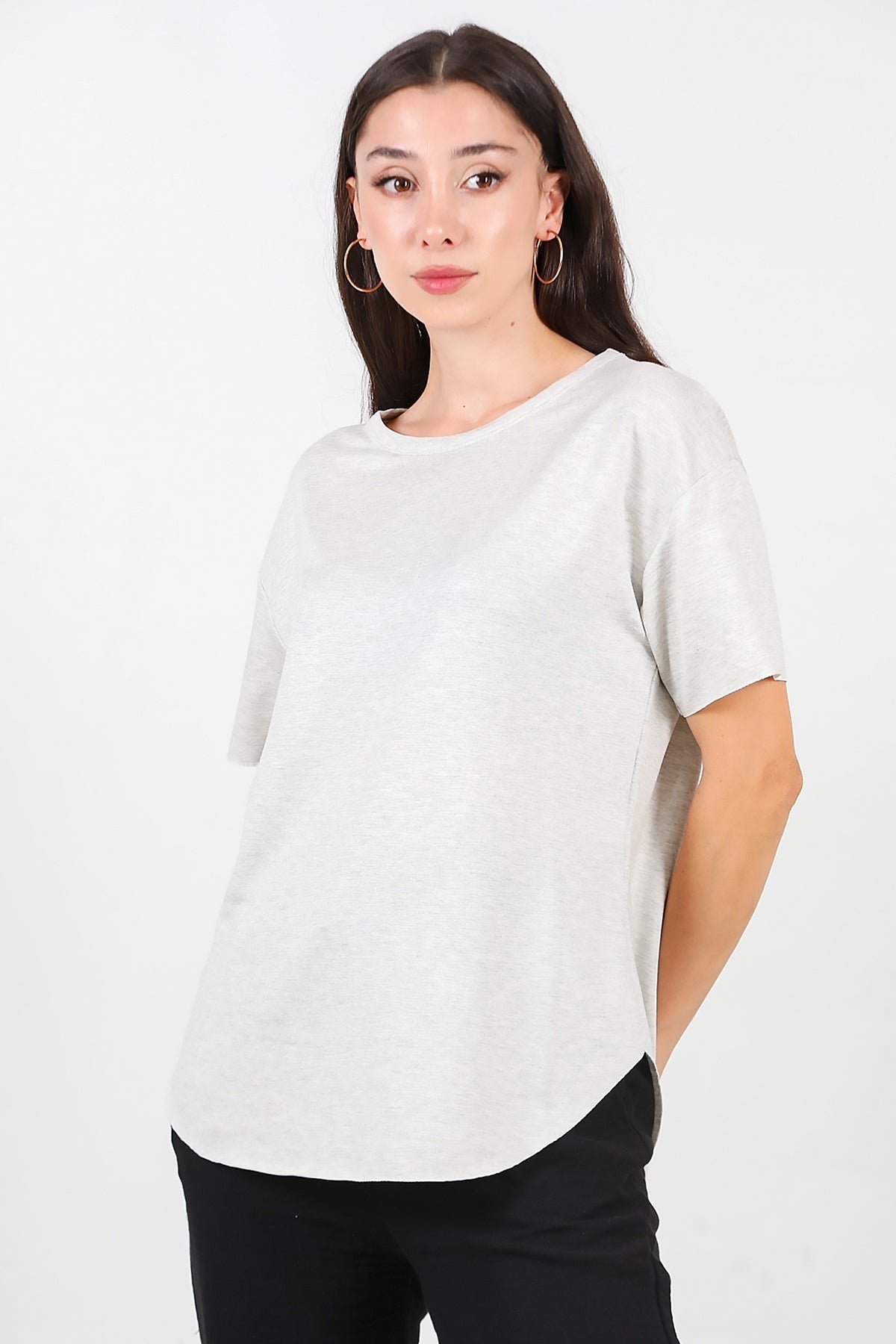 Crew - Neck T - Shirt With Rounded Hem — Light Grey