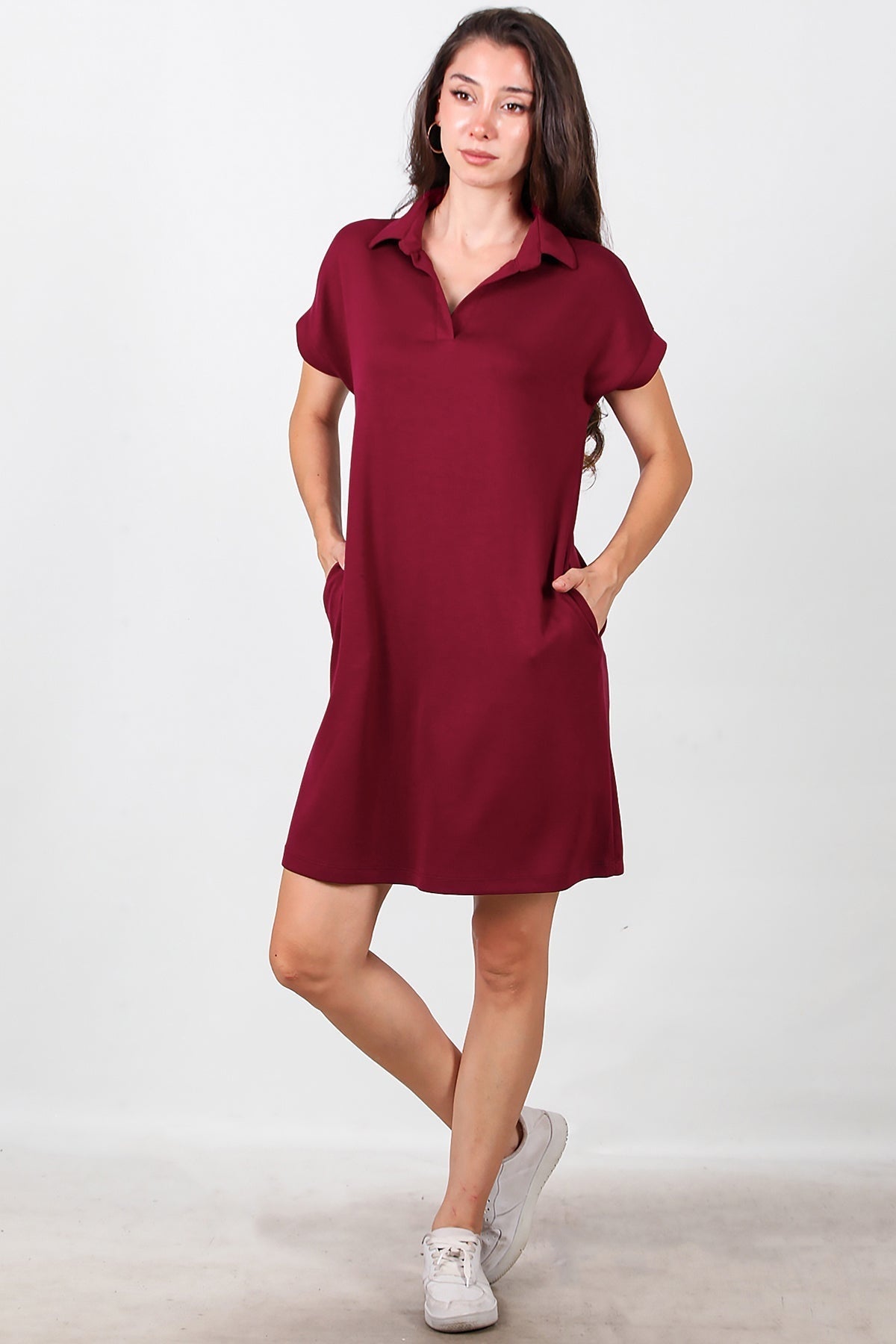 Collared Short Dress — Burgundy