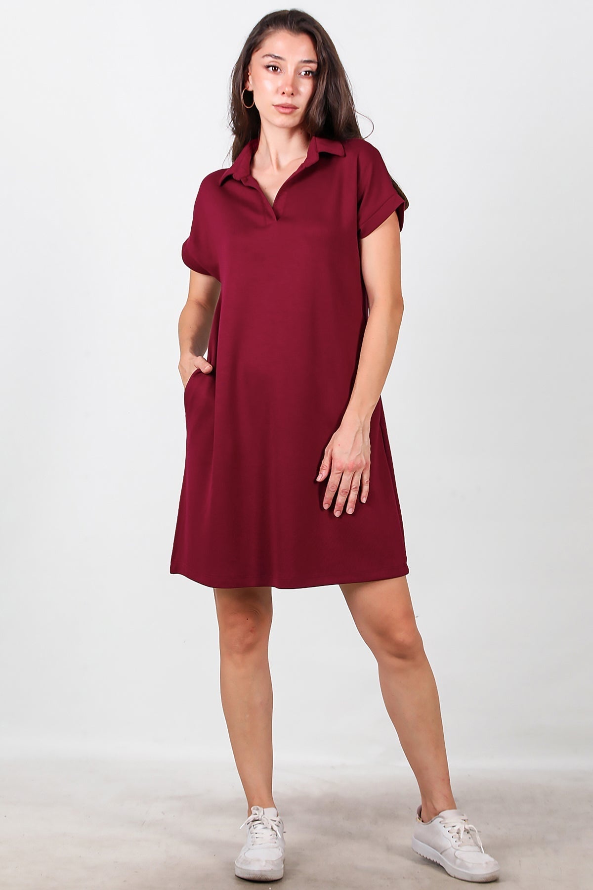 Collared Short Dress — Burgundy