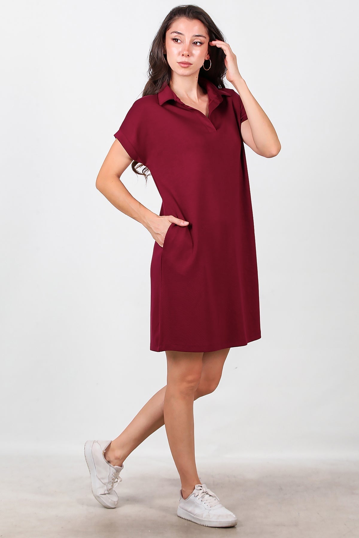 Collared Short Dress — Burgundy