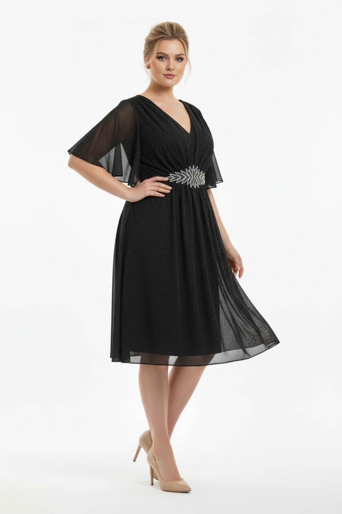Plus - Size Glitter Tulle Midi Dress With Stone - Embellished Waist — Black